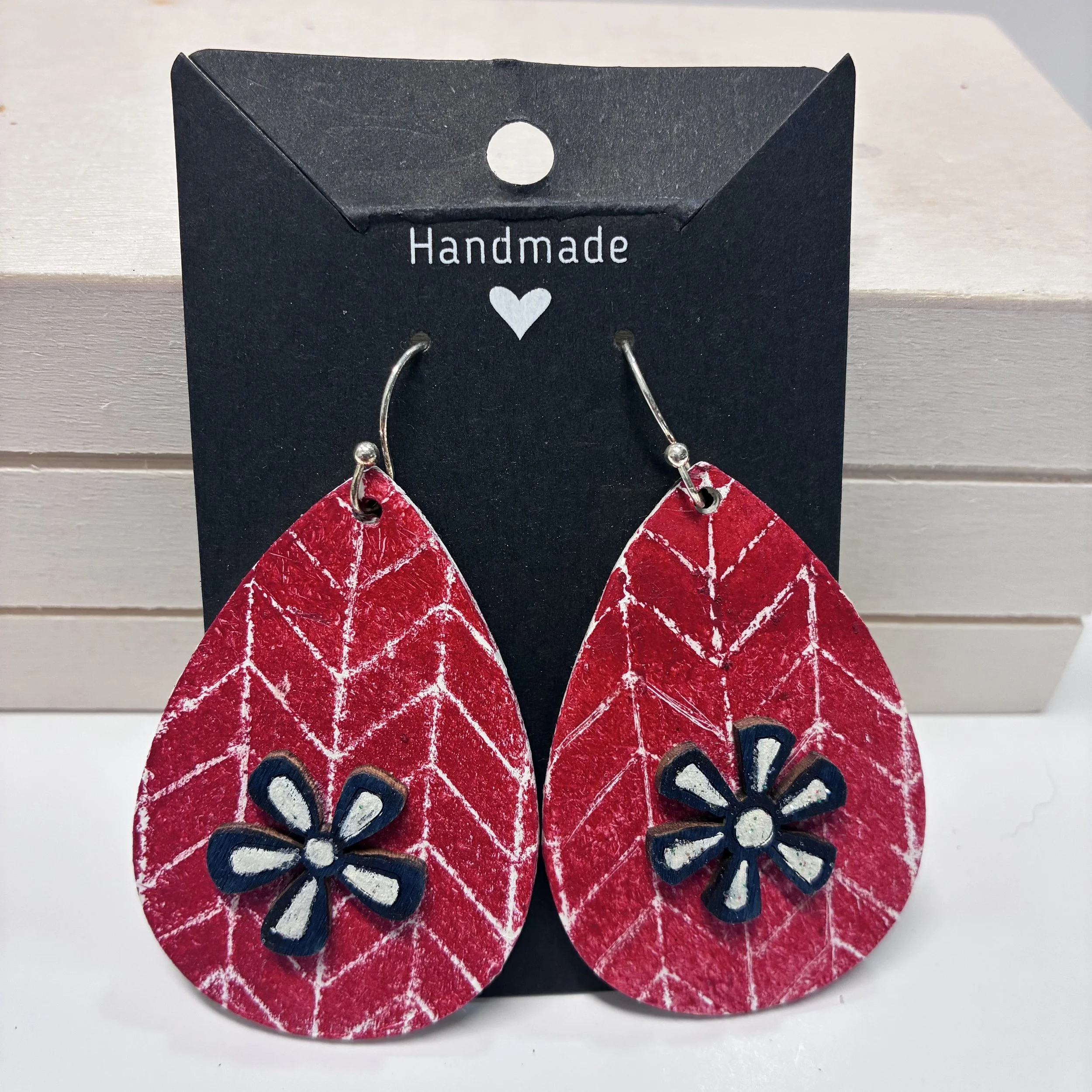 Red Leaf Earrings with Floral Design