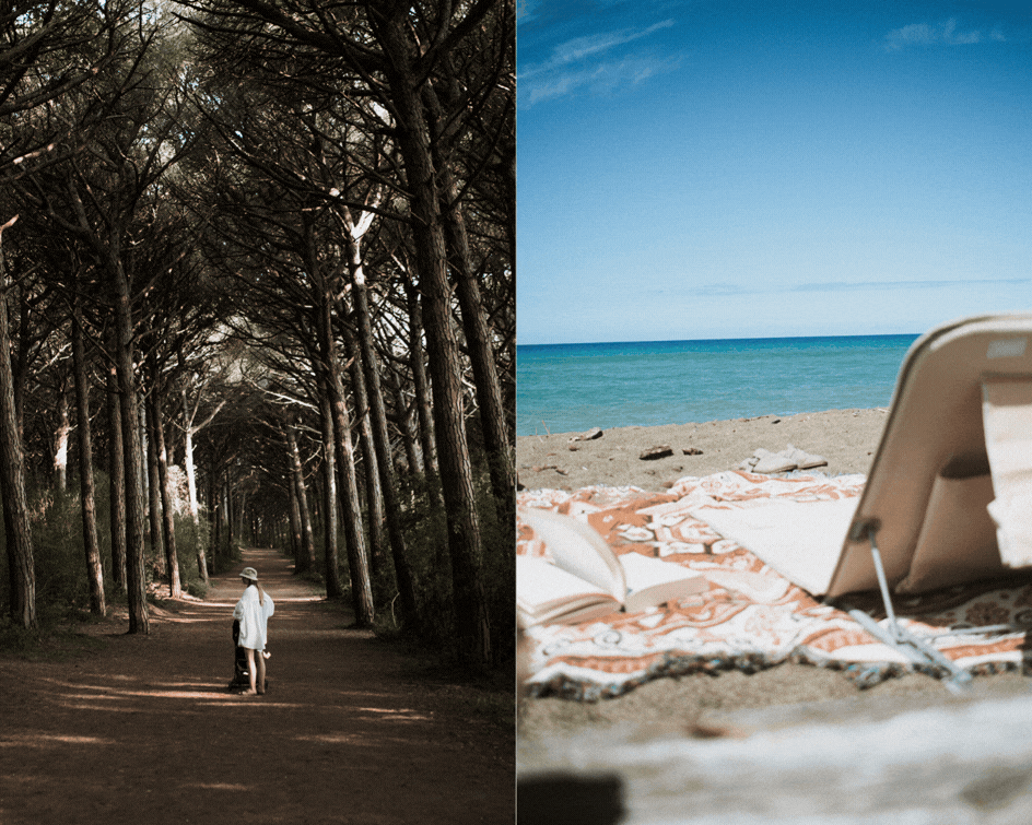 Mother walking with a stroller through the pine forest of Marina di Bibbona, and a beach chair with a patterned blanket and book overlooking Spiaggia di Rimigliano