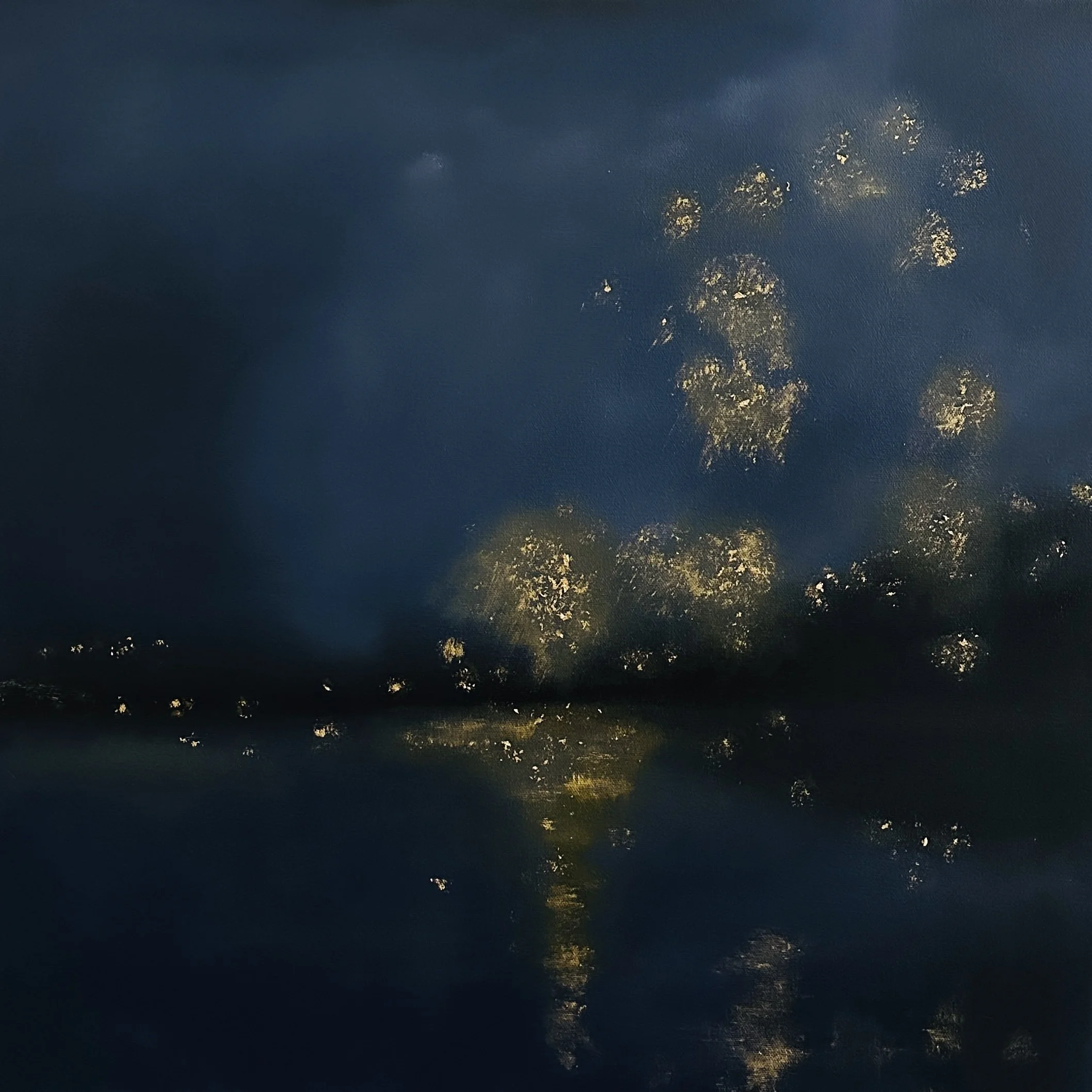 Atmospheric dark blue painting with gold fireworks and reflection off water