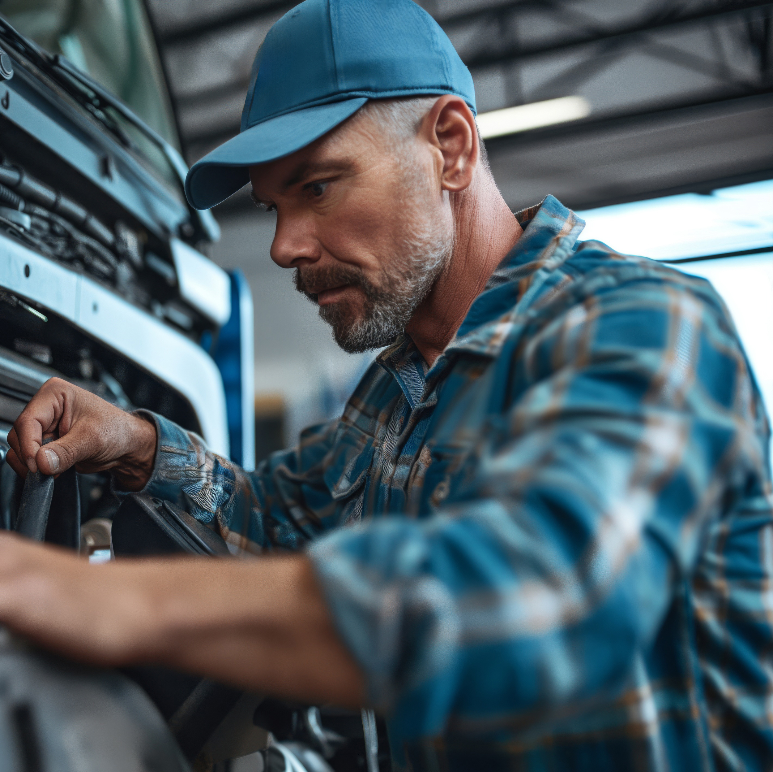 Diesel Technician wearing a blue cap and plaid shirt working on machinery in an industrial setting.