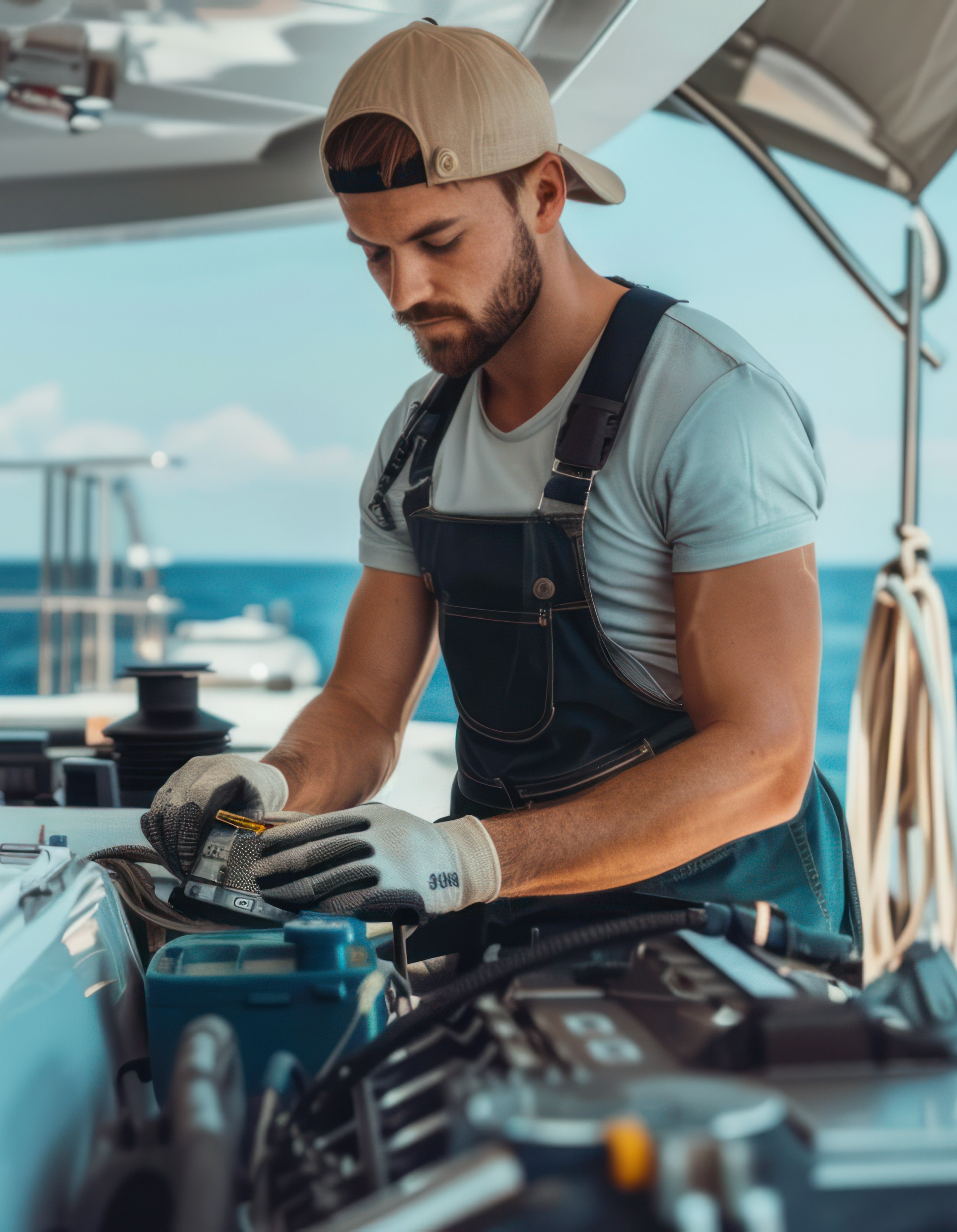 Marine Technician wearing a backwards beige baseball cap, light blue t-shirt, and gloves, working on a blue mechanical object, possibly a motorcycle or bicycle, outdoors under a canopy with a clear sky in the background.