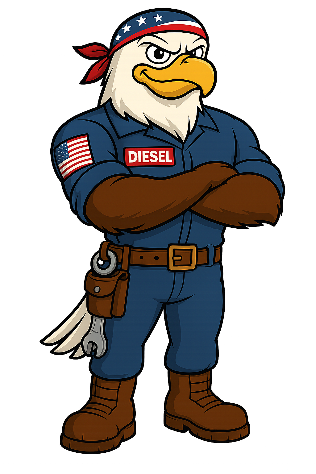 A cartoon eagle dressed as a construction worker, wearing a blue jumpsuit with an American flag patch on the sleeve and a name tag labeled 'DIESEL.' The eagle has a red bandana with white stars, brown gloves, and work boots. It stands with its arms crossed, with a background featuring red, white, and blue lights.