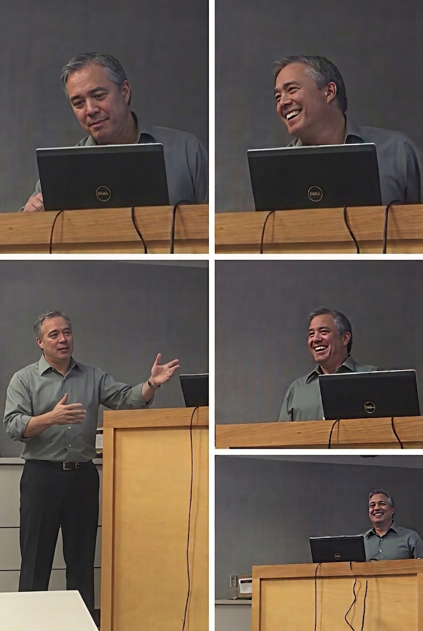 A collage of five photos showing Steve Levy delivering a presentation in a classroom, speaking behind a wooden podium and working at a Dell laptop.