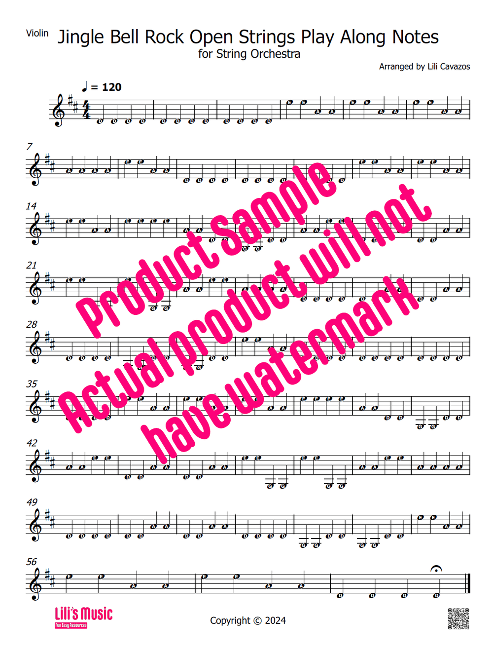 Jingle Bell Rock Open Strings Play Along Notes (letter in notehead) — Lilis  Music, image size:1000x1321