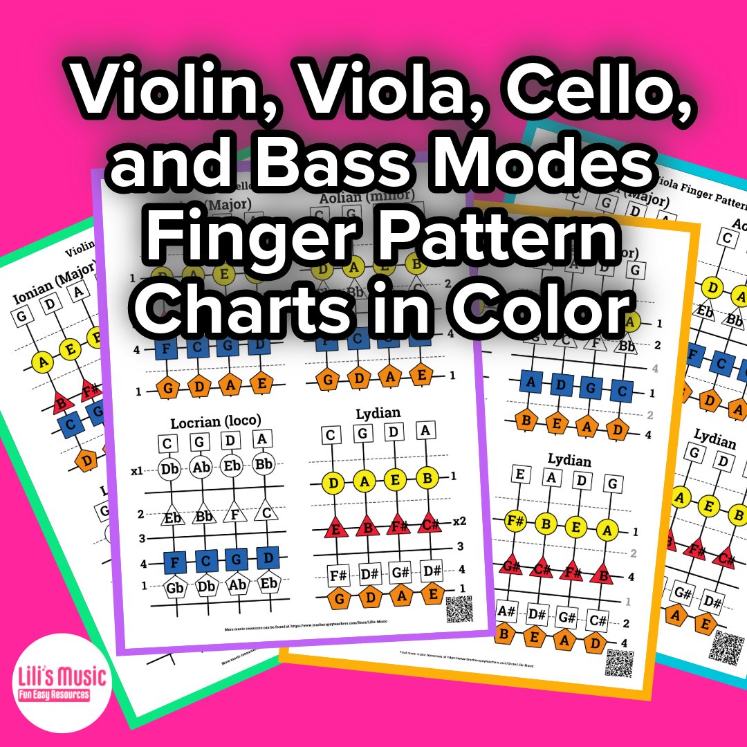 Finger Pattern Charts Bundle (color)- violin, viola, cello, bass- 4 modes