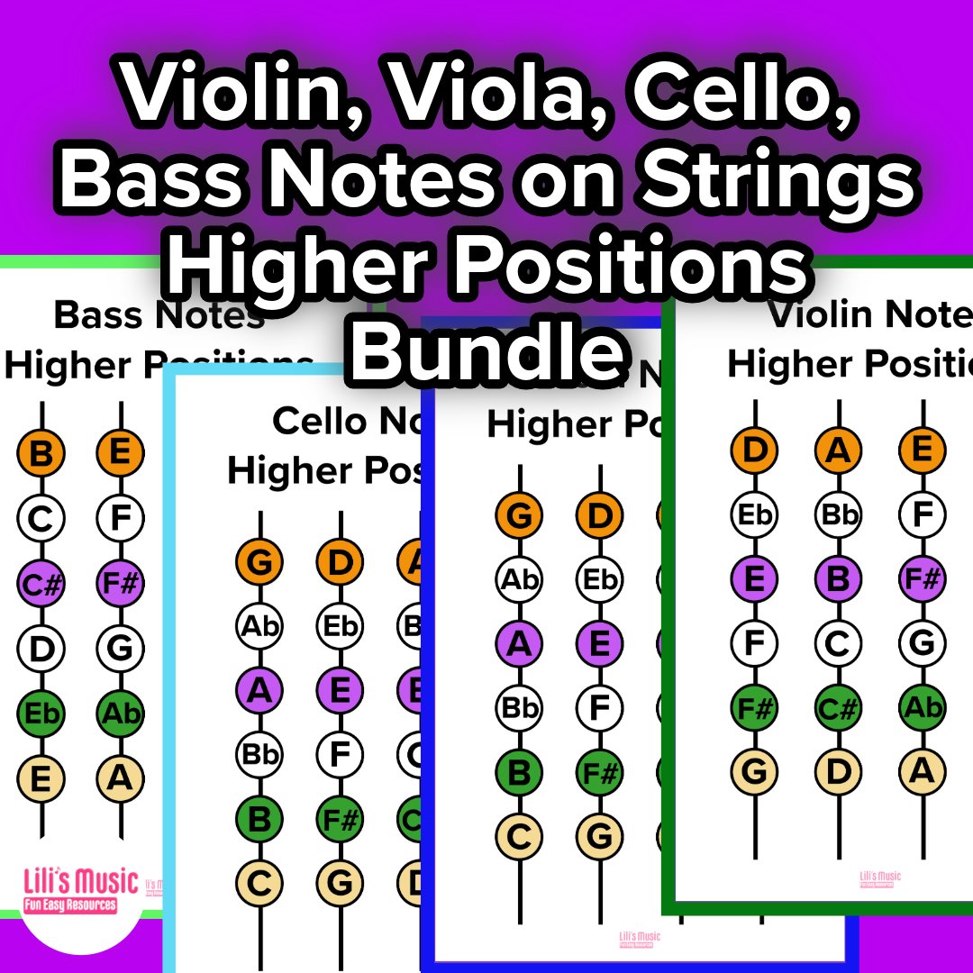Violin, Viola, Cello, Bass Higher Position Finger Patterns Notes On The String Charts Bundle (Digital)