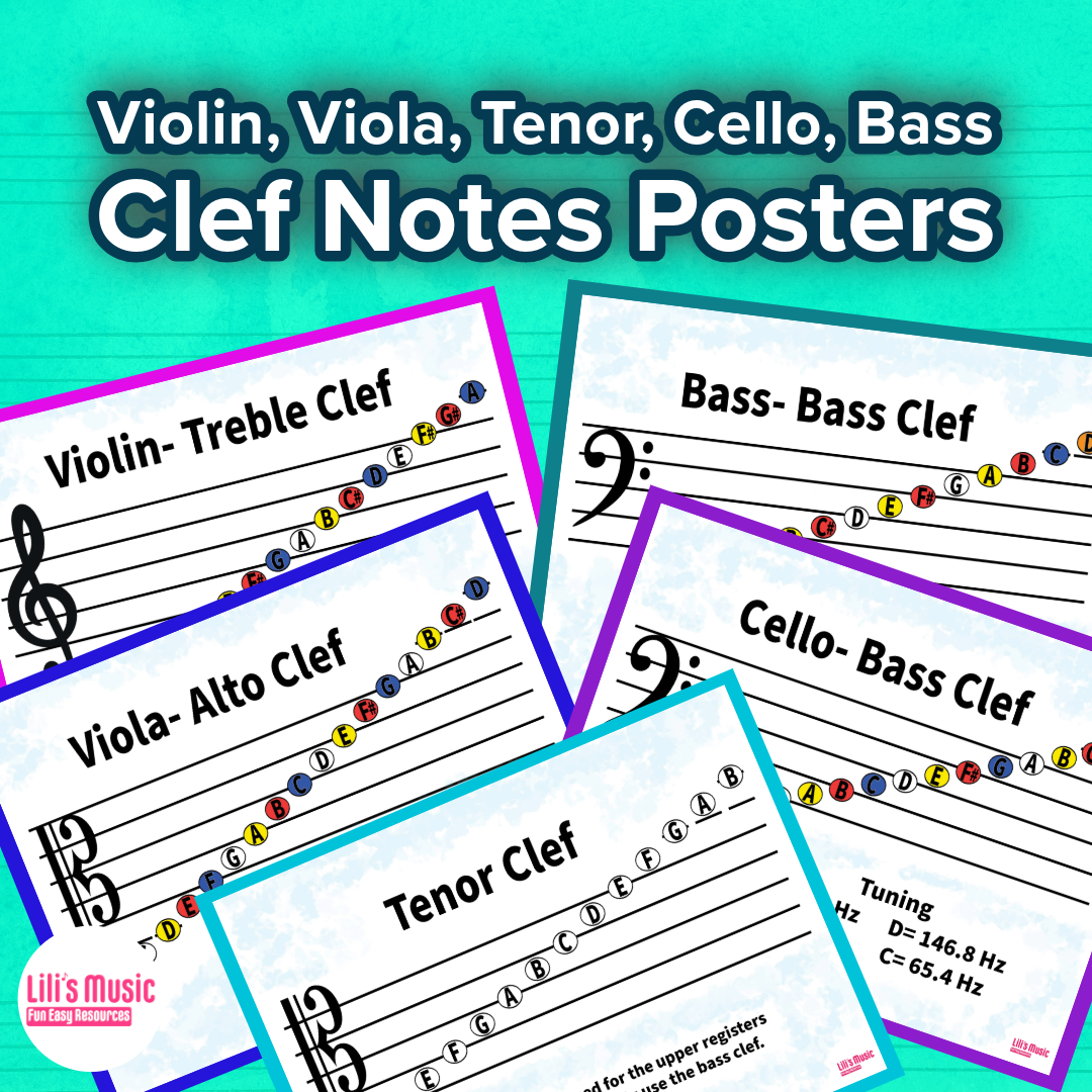 Tenor, Violin, Viola, Cello, Bass Clef Notes- 5 Poster Bundle (Digital)