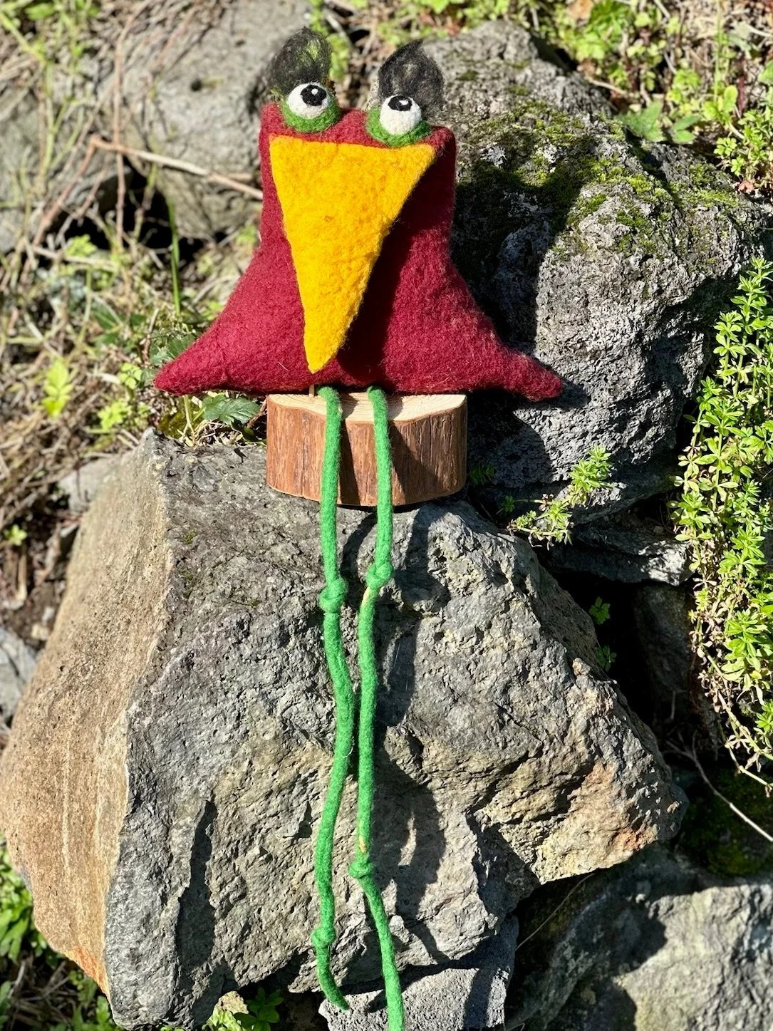 A plush toy of a red bird with a yellow beak, big white, black, and green eyes, and green string legs. It is sitting on a small wooden platform placed on a rock outside, with small green plants around.