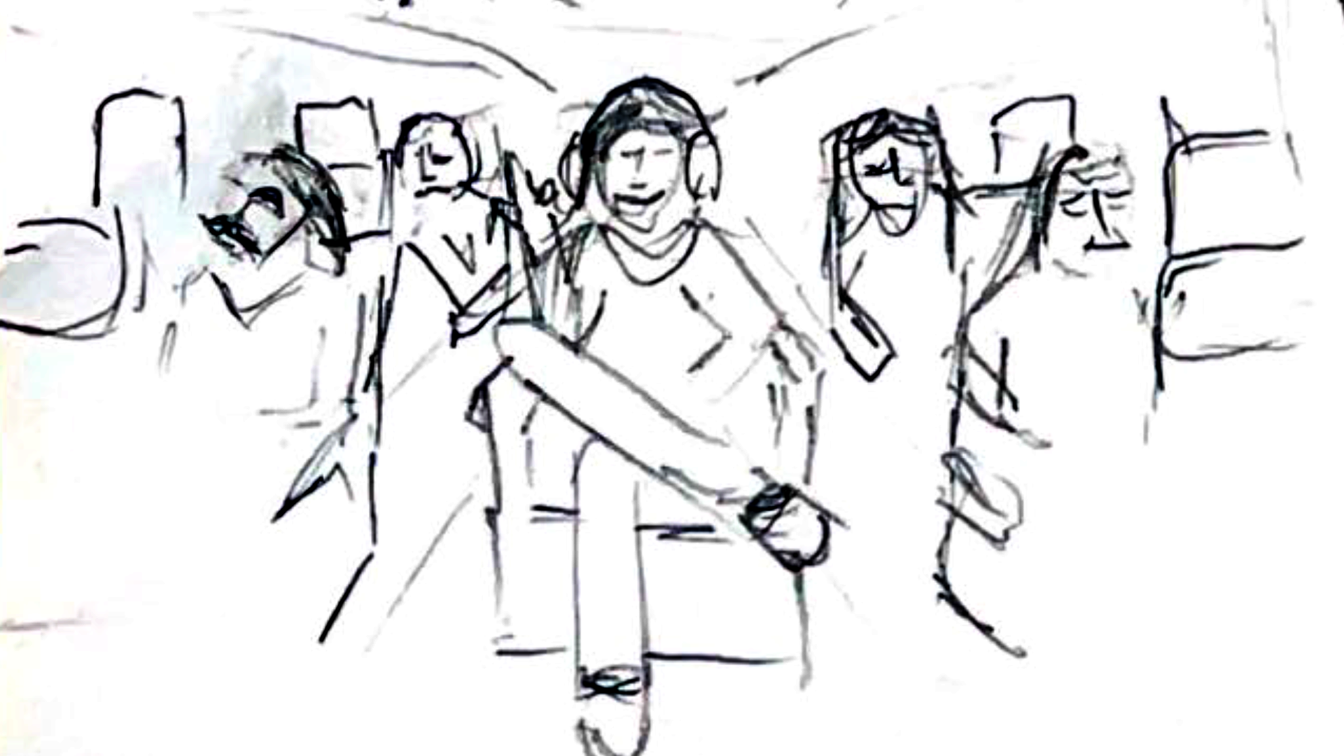 4: MS people on plane are tired, miserable and uncomfortable, some have taken their shoes off. The "On man" in the middle is happy, getting comfy, listening to music and is smug about it.