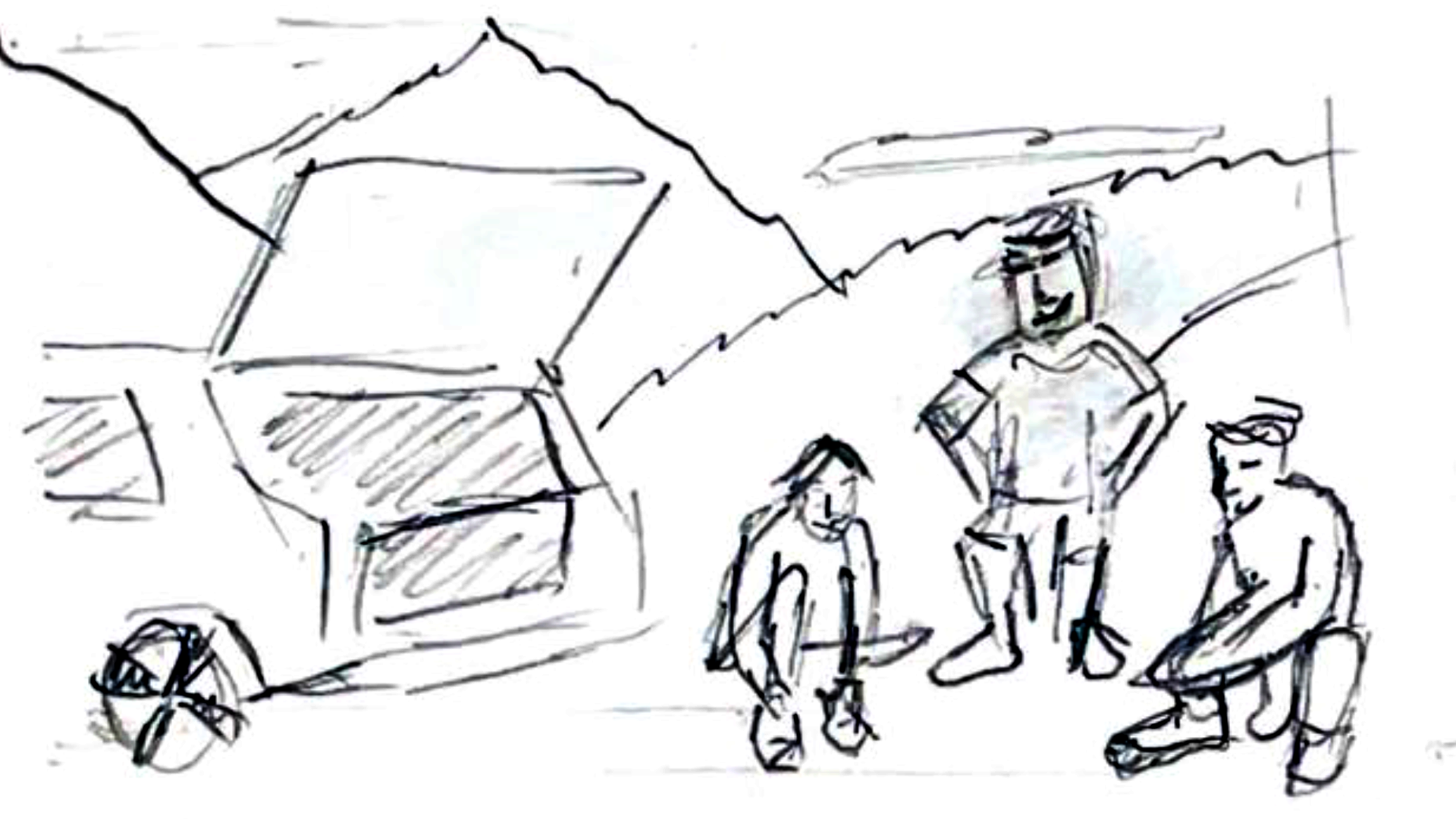 5. LS Car pulled up in Swiss mountains. Friends are chatting whilst they put on their walking boots. "On man" keeps the same shoes on and is stood up ready to go.