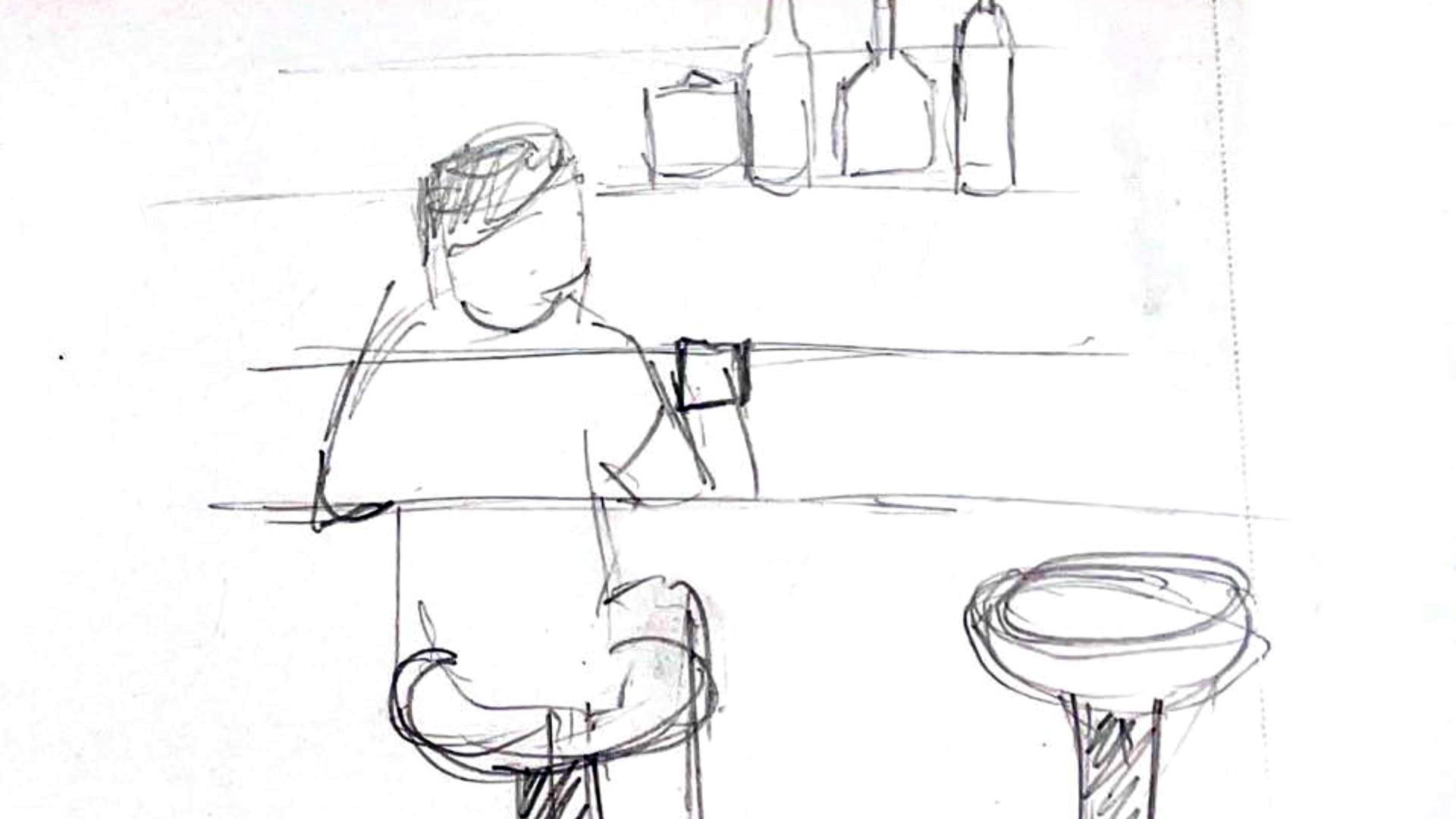 23. MS from behind, "On man" sat at bar with empty stool next to him