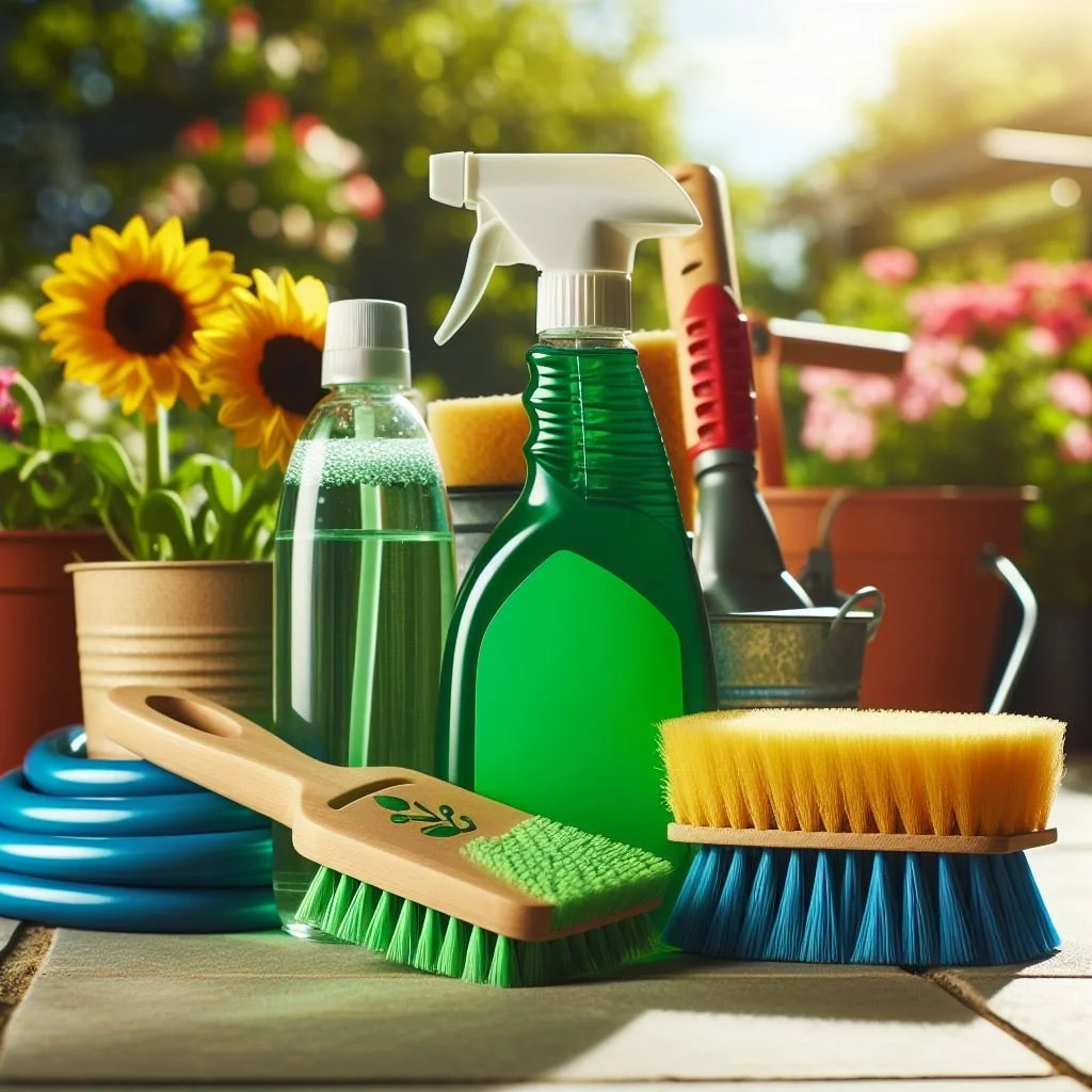 Produits de nettoyage, brosses, éponges, tuyaux en plastique, dans un jardin ensoleillé avec des fleurs