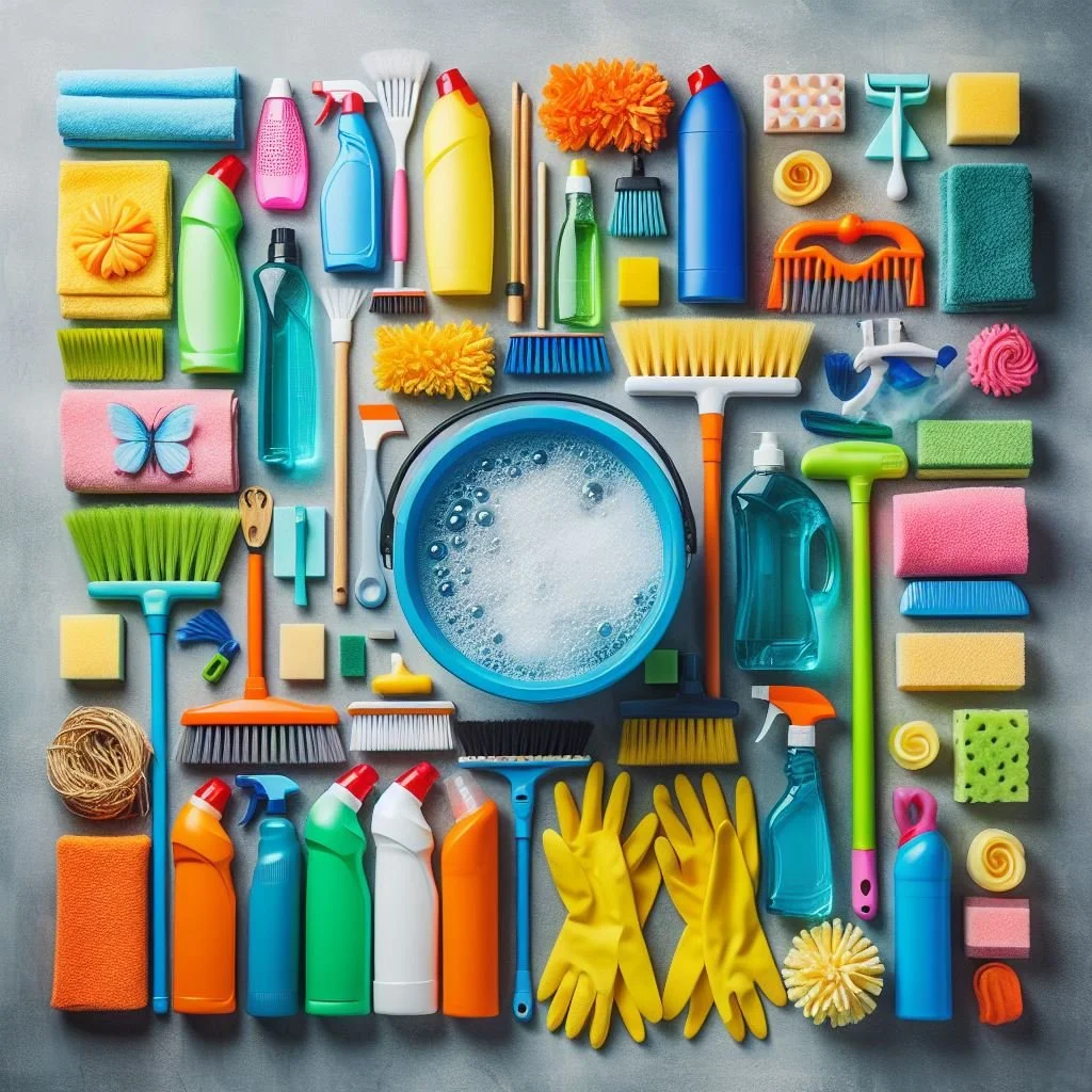 Une variété d'outils et produits de nettoyage colorés, y compris des éponges, des brosses, des pulvérisateurs, des gants en caoutchouc, un seau d'eau savonneuse, et d'autres accessoires de nettoyage, organisés sur une surface grise.