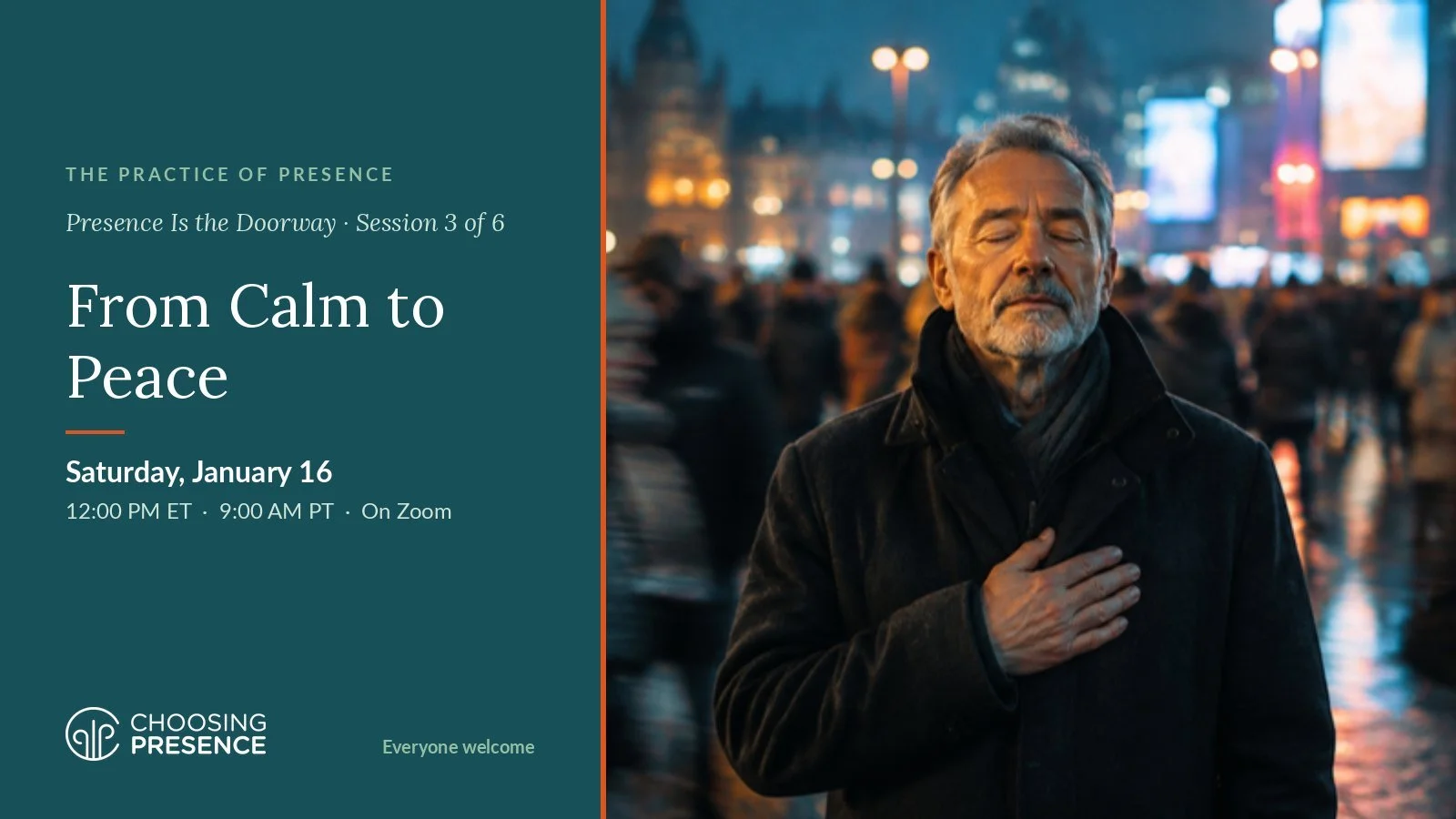 A man stands still with his hand over his heart in a busy city square at night