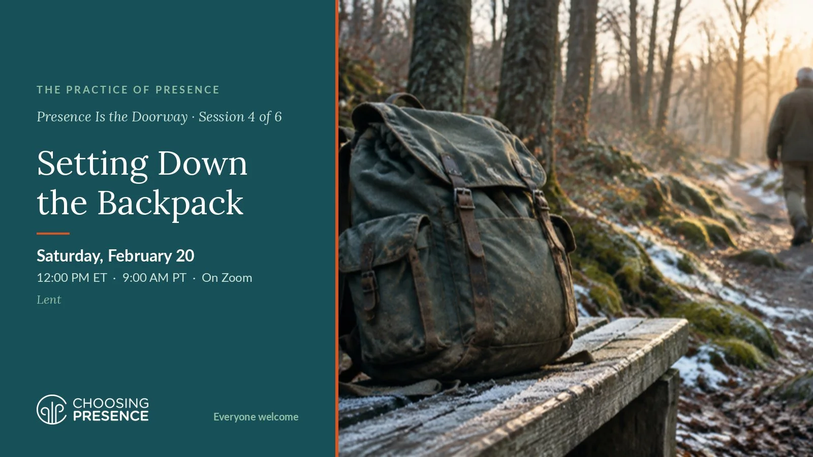 A worn backpack set down on a bench while a man walks on up a winter trail