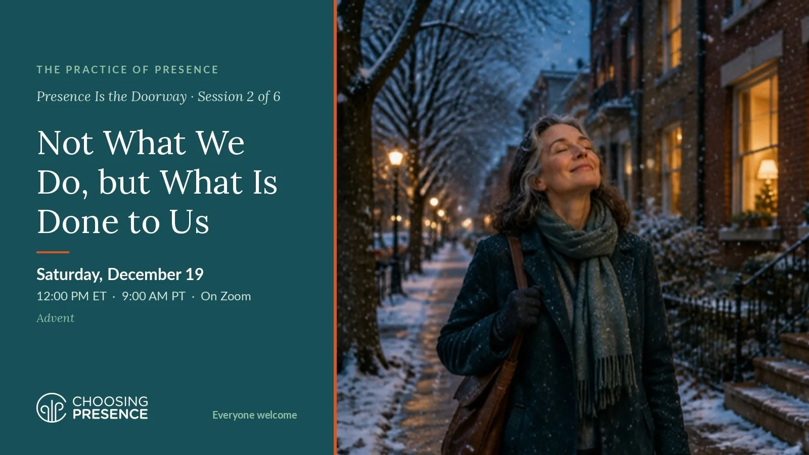 A woman pauses on a snowy city street at dusk, her face lifted and eyes closed