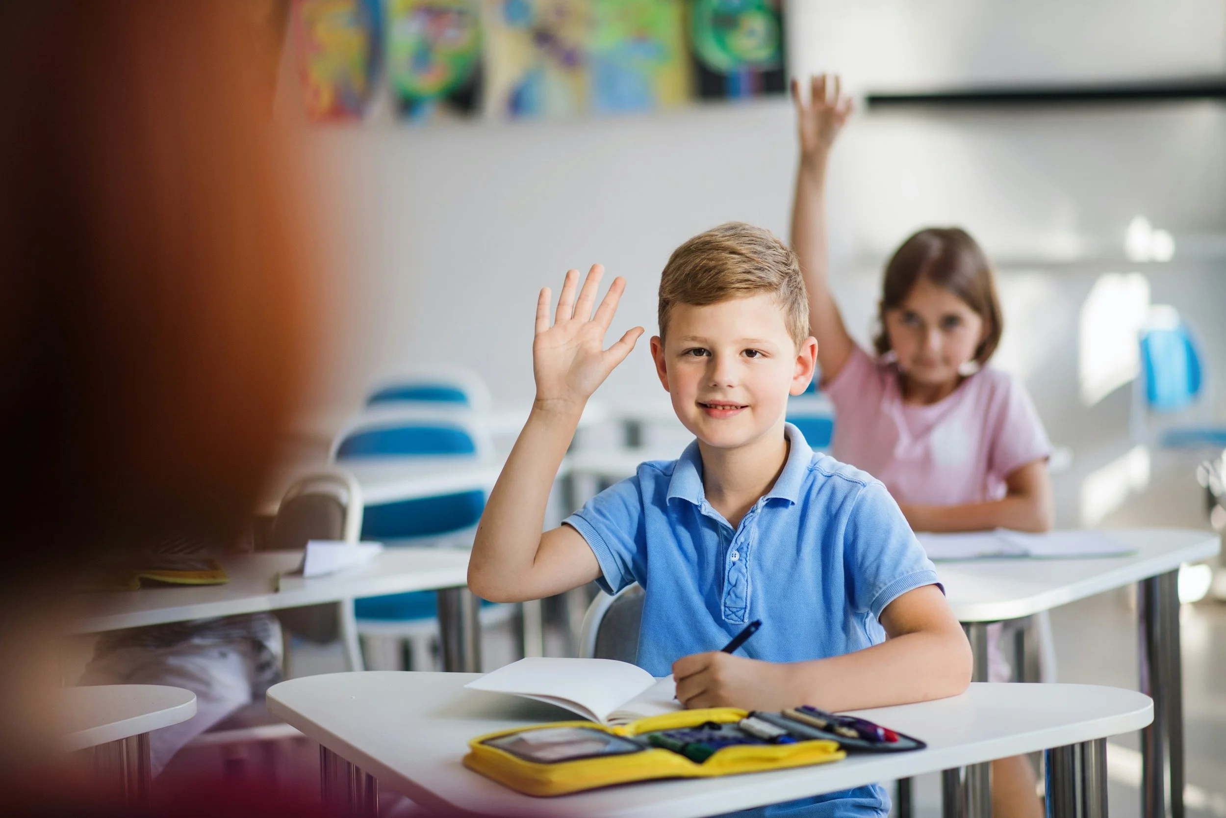 Boy in the foreground raising his hand in class