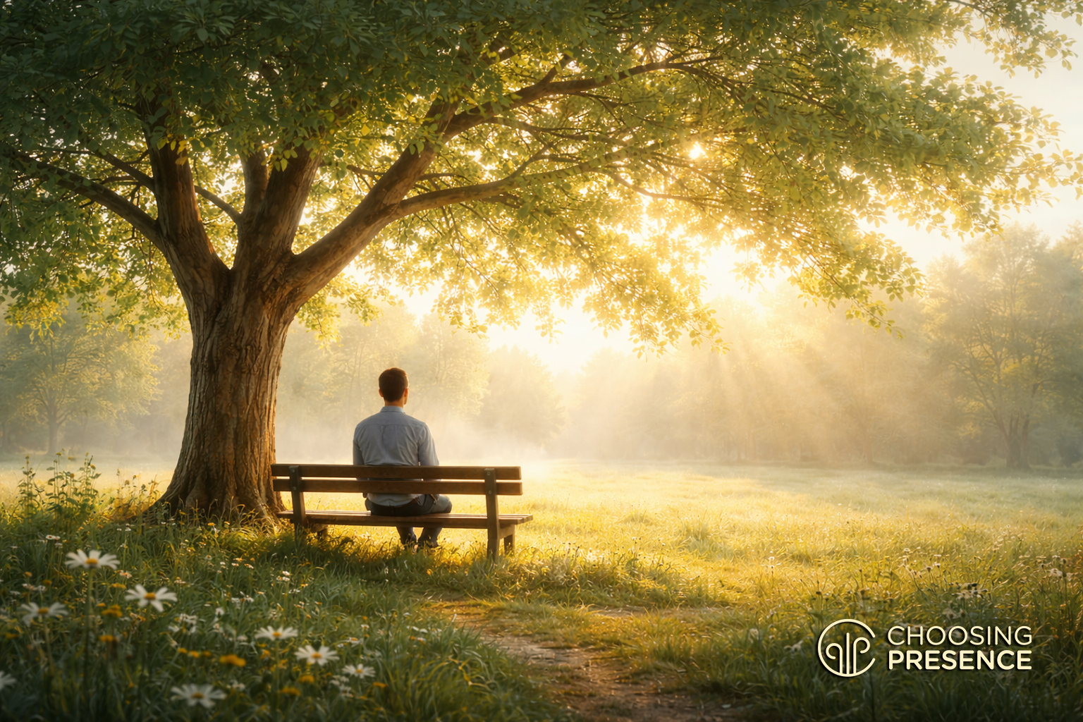 Man sitting contemplative on a bench beneath a large tree