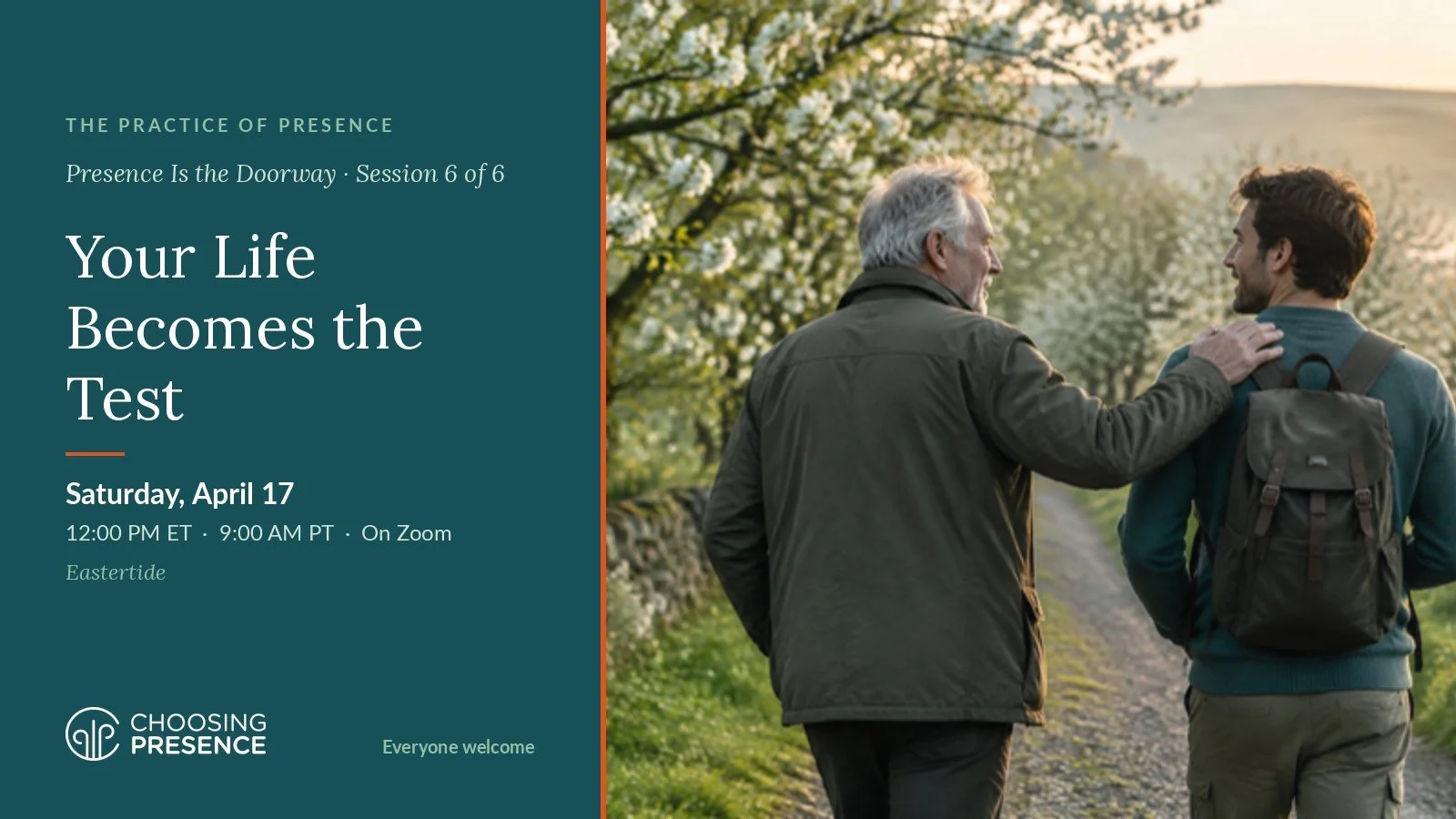 An older man walks beside a younger man on a spring path, his hand on his shoulder