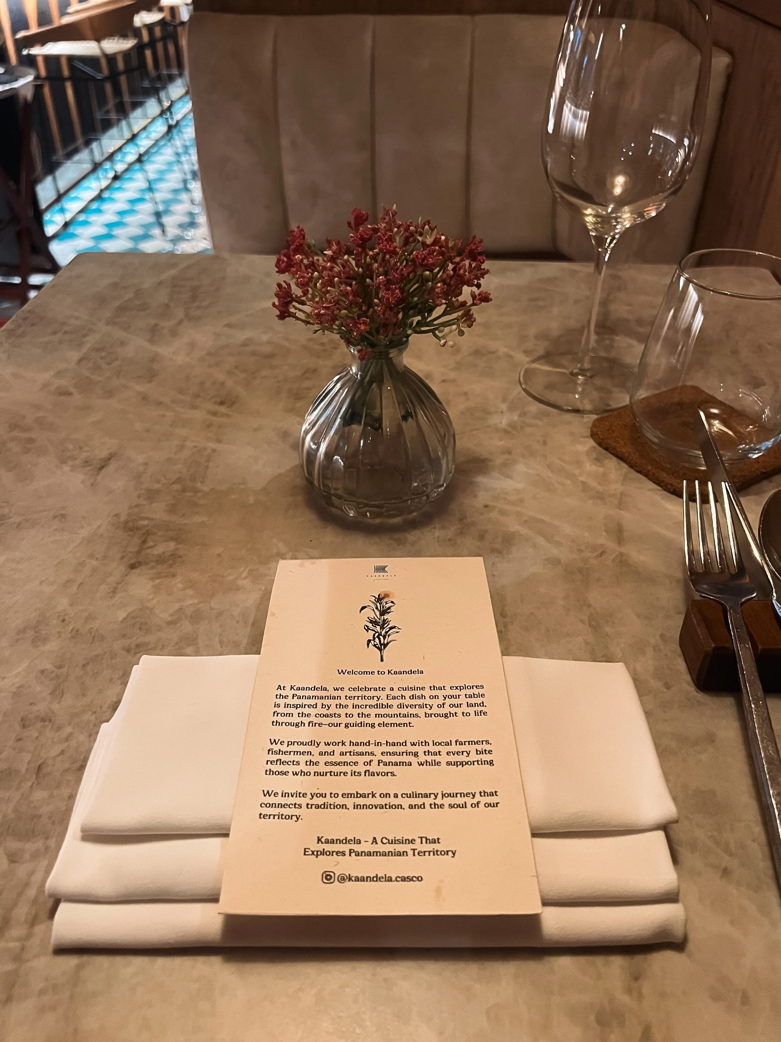 Solo dinner table at Kaandela restaurant in Panama City