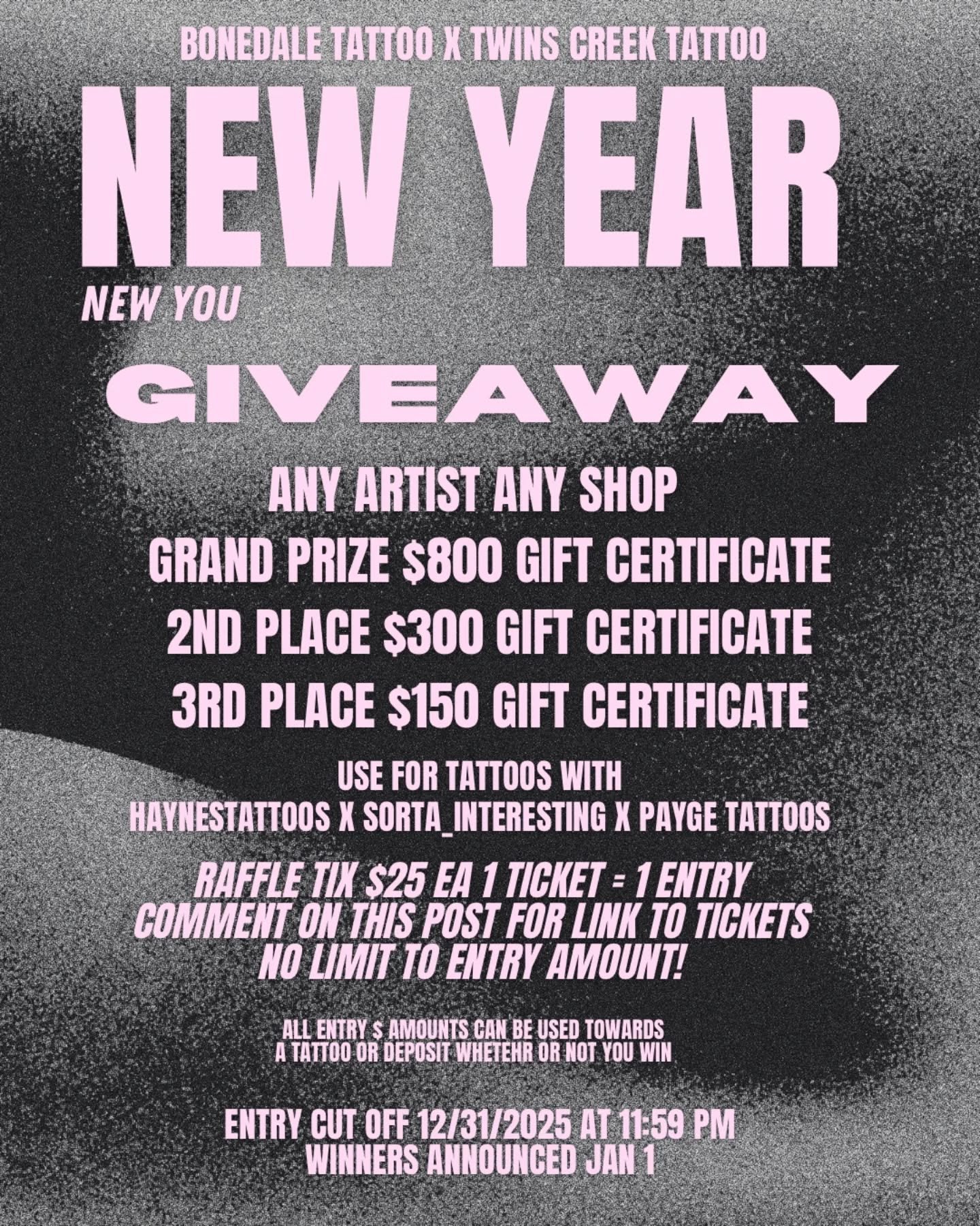 Raffle time! Comment for link to buy tickets! 
Tix $25 each - all entry dollar amounts can be used towards your next appointment with your preferred artist!

Good for any artist @haynestattoos
@sorta_interesting @paygetattoos  at both shops @bonedale