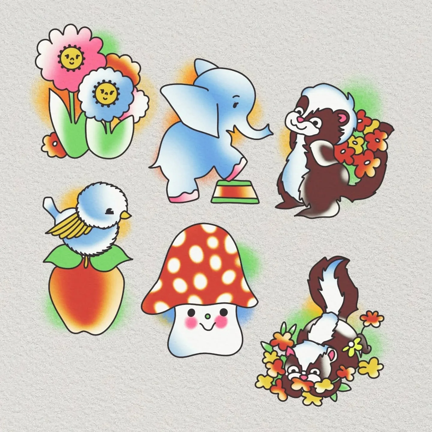 Some cuties available for tattoo! 

These are a riff on some vintage Halmark abs Meyercord sticker sets that were probably originally drawn by Betsey Clark,  Mary Hamilton , or Ruth Newton.

I'm a big fan of the stickers from these eras. Tattooified 