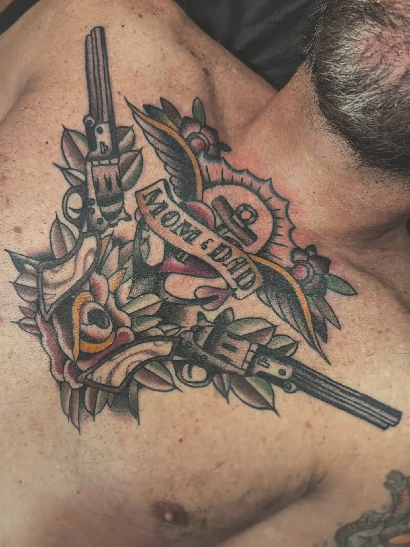 Finished up Ian's chest piece this evening 🙏 he sat like a champ. Thanks dood!

I'm booking at @bonedaletattoo and @twinscreektattoo through November. Holler at me to get in!

#tattoo #traditionaltattoo #colortattoo