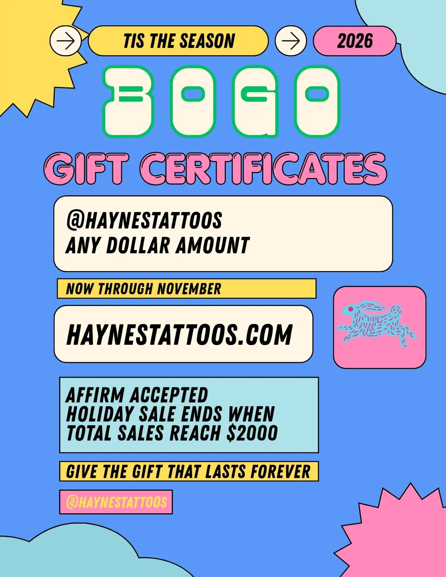 HAYNESTATTOOS.COM

Holiday sale for you 🫶🫪🫶 

Get one for someone, get one for you or someone else.

Sale caps at $2000