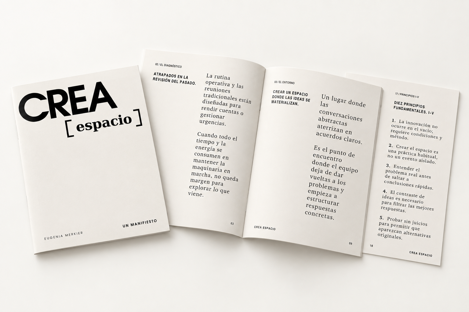 Manifiesto CREA ESPACIO de Eugenia Merkier con varias páginas interiores.