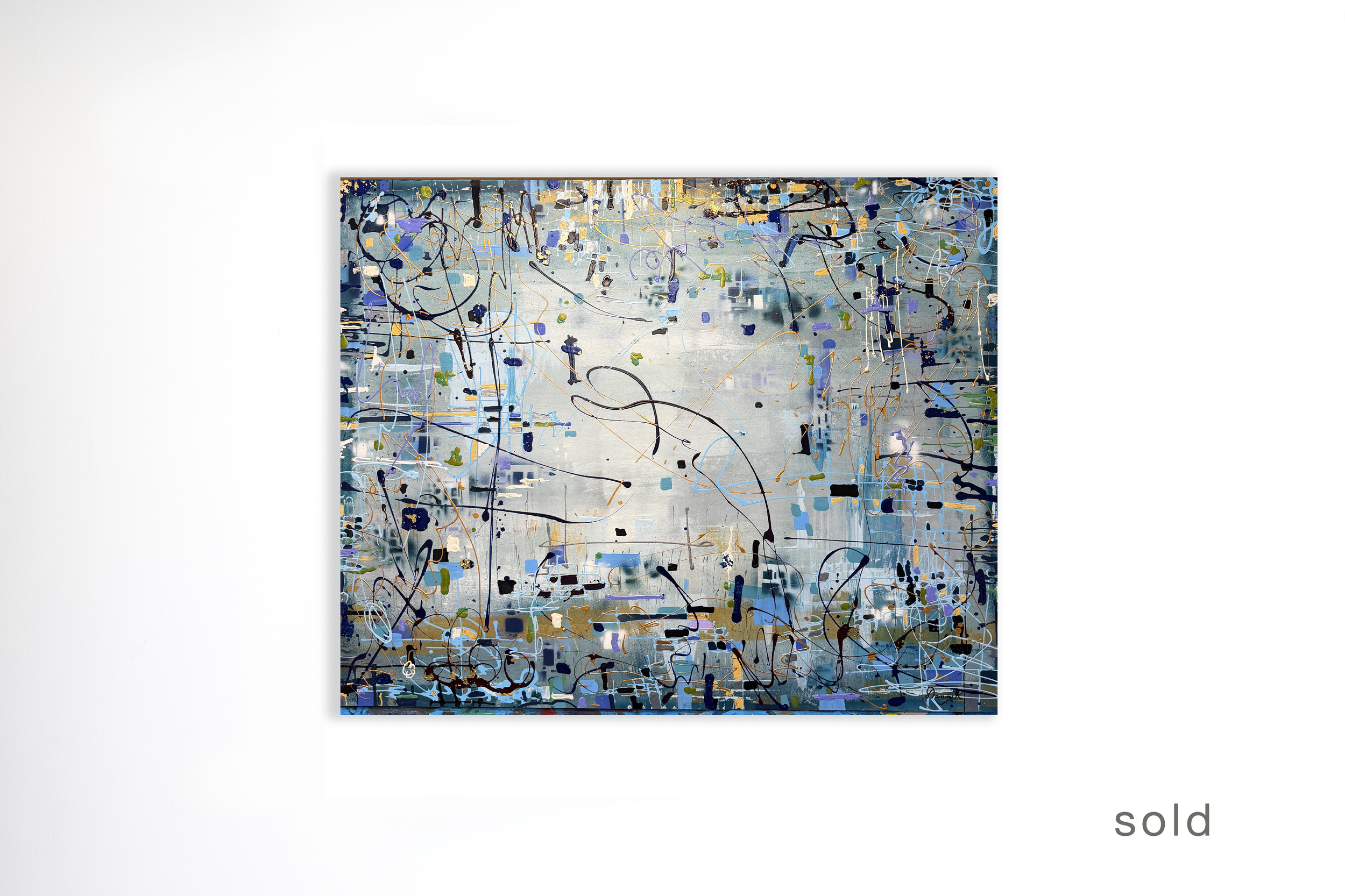 Rainshine Blues | Acrylic & Glass Paint on Canvas with Gold Leaf & High Gloss Accents | 60W x 48H | Sold