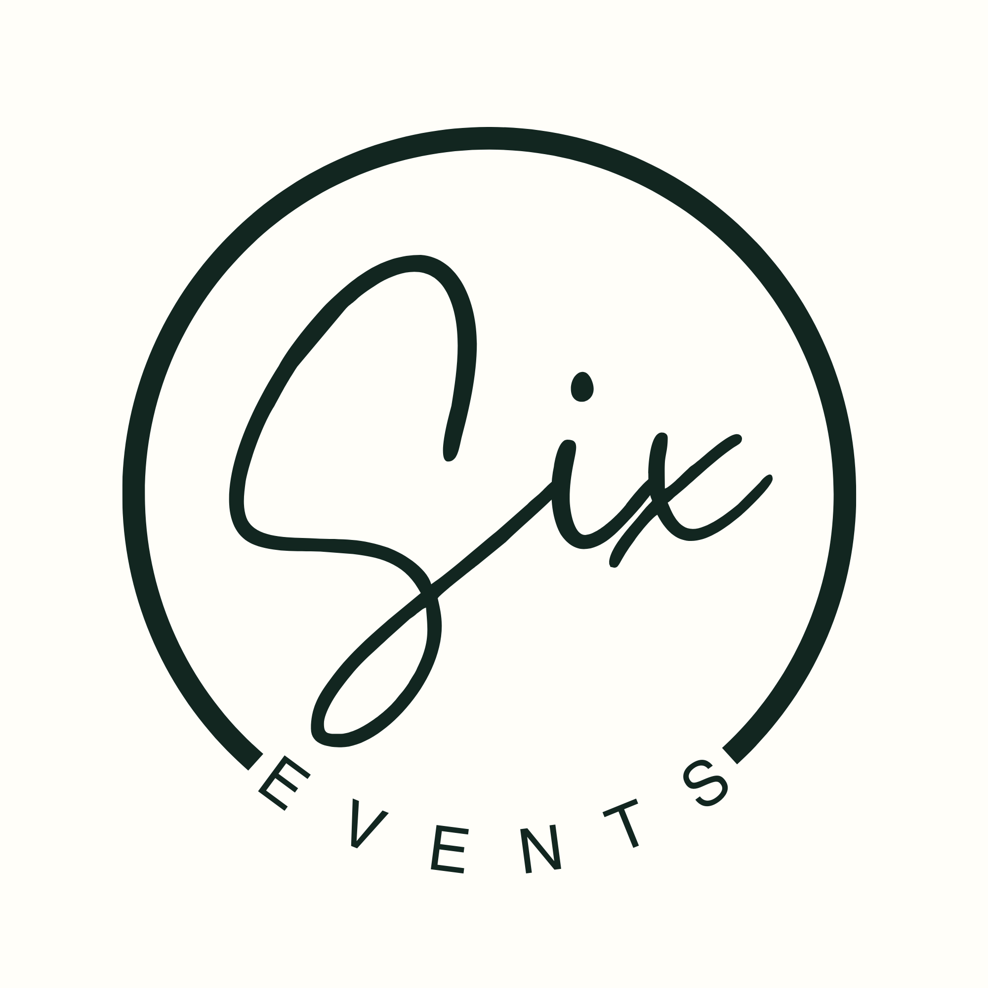 Stylized black logo with the word "Six" in cursive inside a circle, and the word "Events" written underneath.