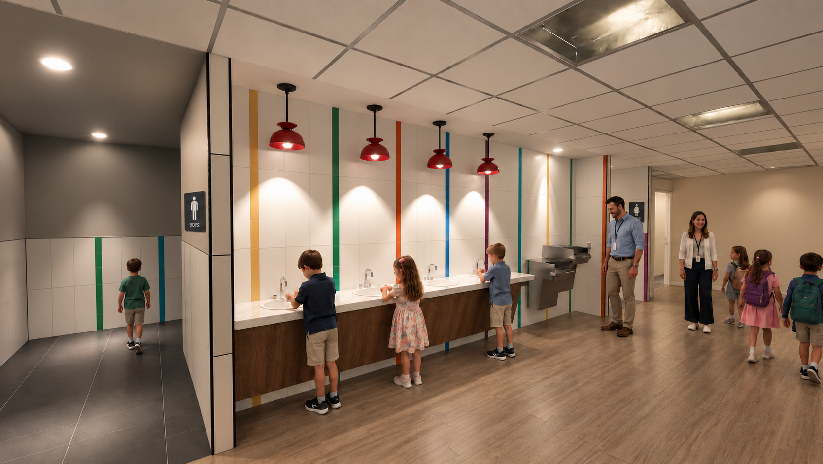 Modern School Restroom with Children Washing Hands.png