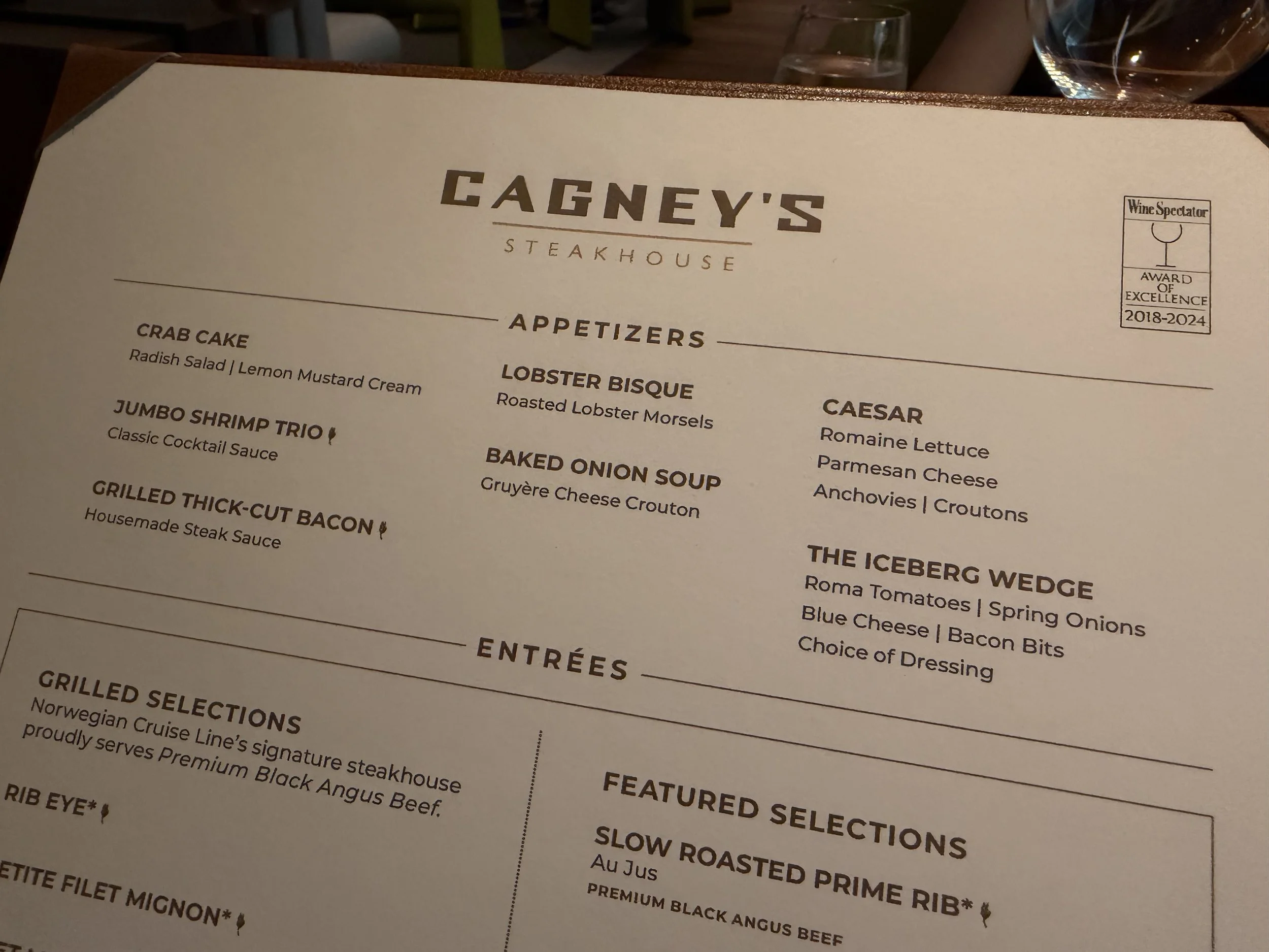 Cagney's Steakhouse Menu (1 of 3) onboard Norwegian Luna, © Fraser at Sea