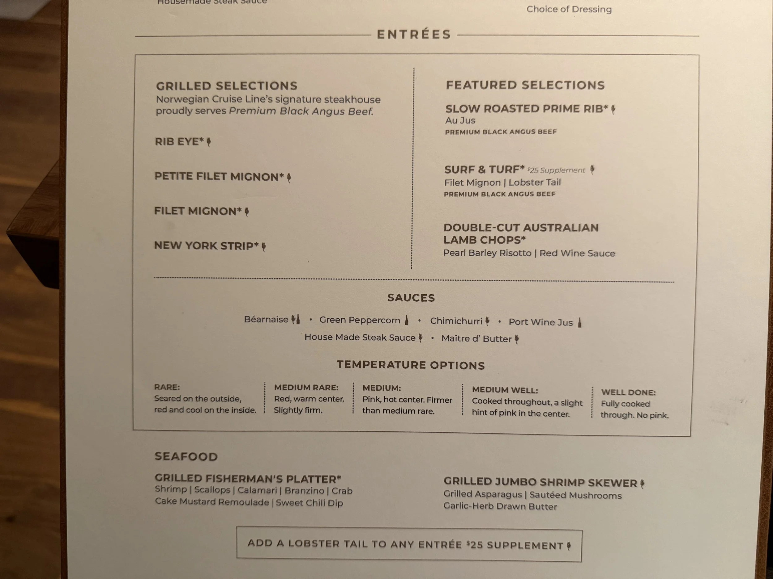 Cagney's Steakhouse Menu (1 of 3) onboard Norwegian Luna, © Fraser at Sea
