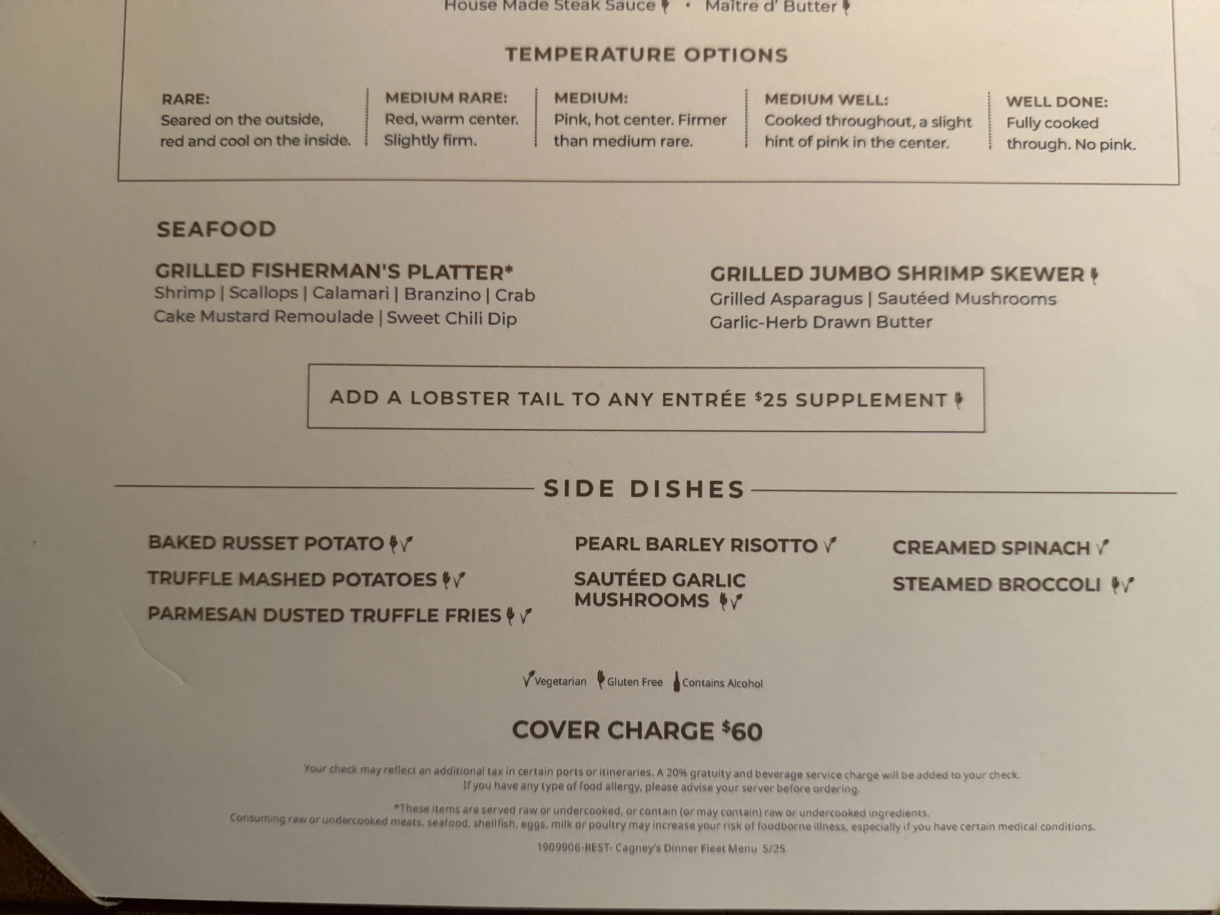 Cagney's Steakhouse Menu (1 of 3) onboard Norwegian Luna, © Fraser at Sea