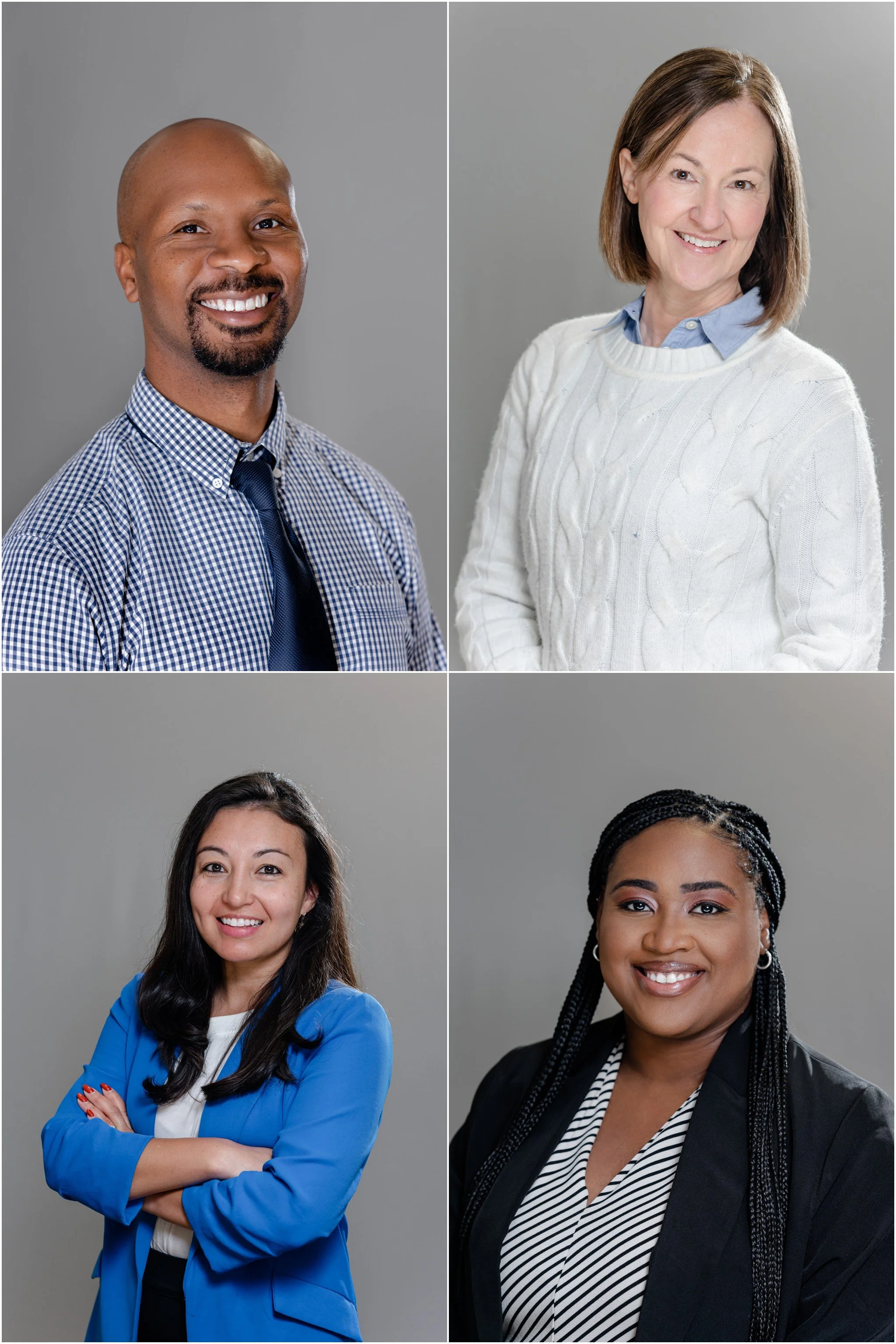 Four professional headshots of diverse women and men against a gray background.