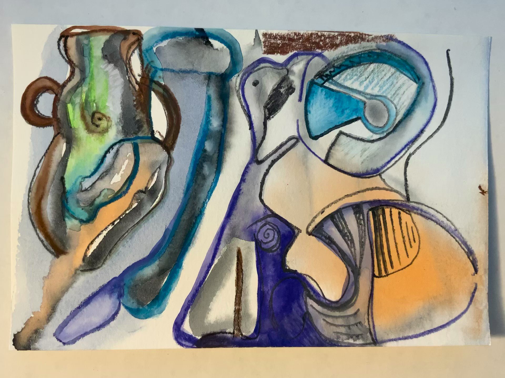 A colorful abstract watercolor painting with various shapes and lines in shades of brown, green, blue, gray, purple, beige, and orange.