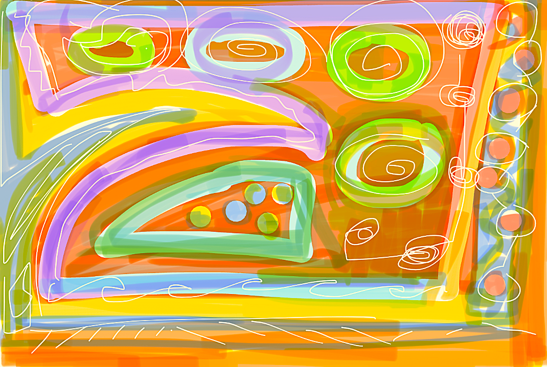 Abstract digital artwork of a colorful stove with four burners, oven, and control panel.