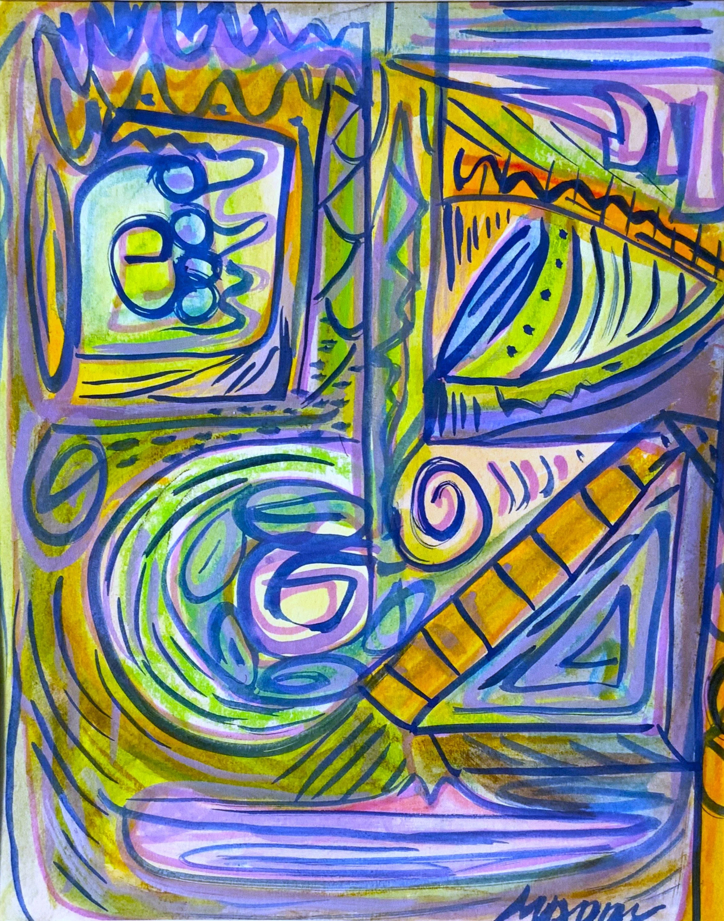 Colorful abstract painting featuring a still life with a TV, a bowl, a spoon, an eye, and a ladder, in vibrant colors and expressive lines.