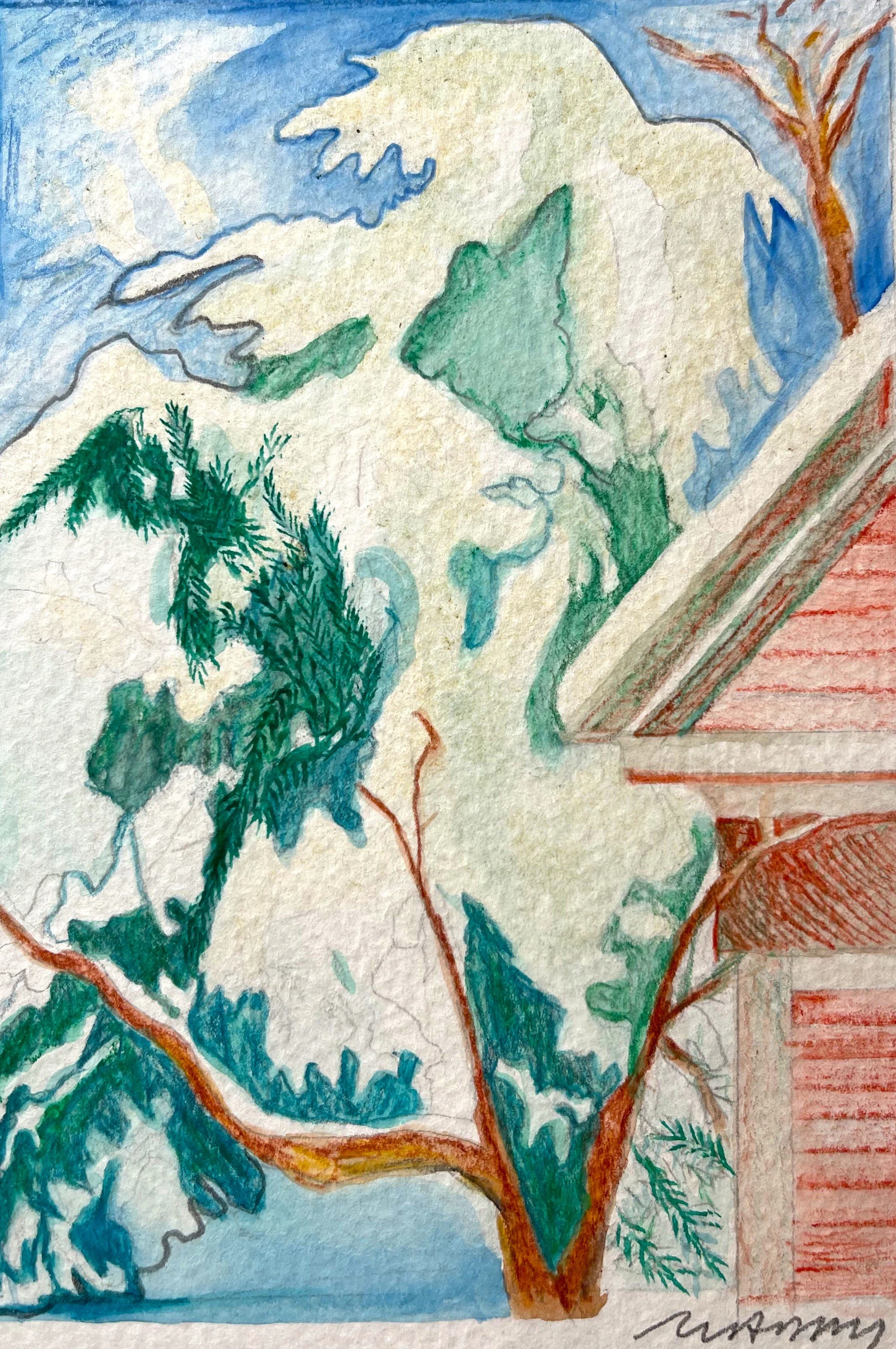 A colorful watercolor painting of a tree with green foliage and branches near a building with a red roof, set against a cloudy sky.