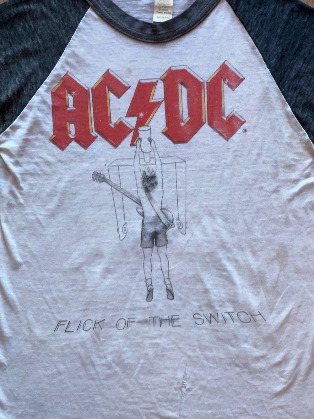 1980s AC/DC FLICK OF THE SWITCH RAGLAN TOUR TEE — Teleport Vintage