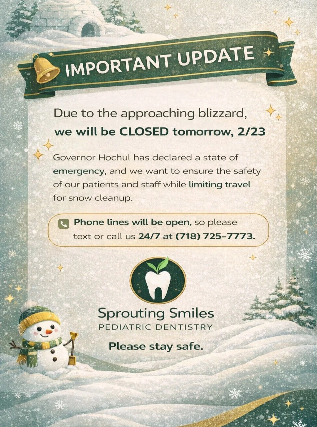 ❄️ Important Weather Update ❄️

Due to the approaching blizzard and the State of Emergency declared by Governor Hochul, Sprouting Smiles Pediatric Dentistry will be CLOSED tomorrow, 2/23.

The safety of our patients, families, and team is always our 
