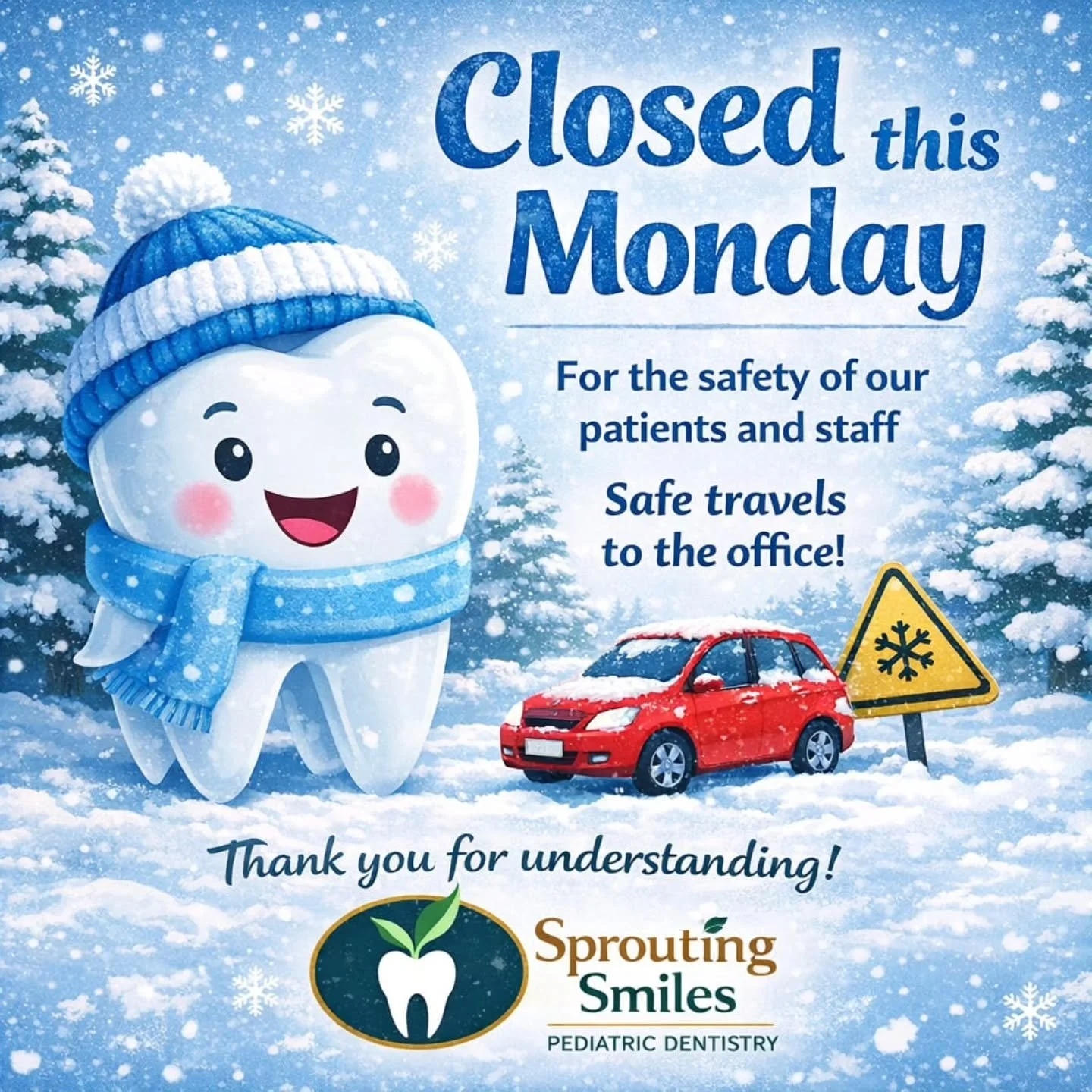 For the safety of our patients, families, and team, Sprouting Smiles will be closed this Monday due to the predicted snowstorm. ❄️🚗

Your child&rsquo;s well-being is always our top priority &mdash; both inside and outside the dental chair. We unders