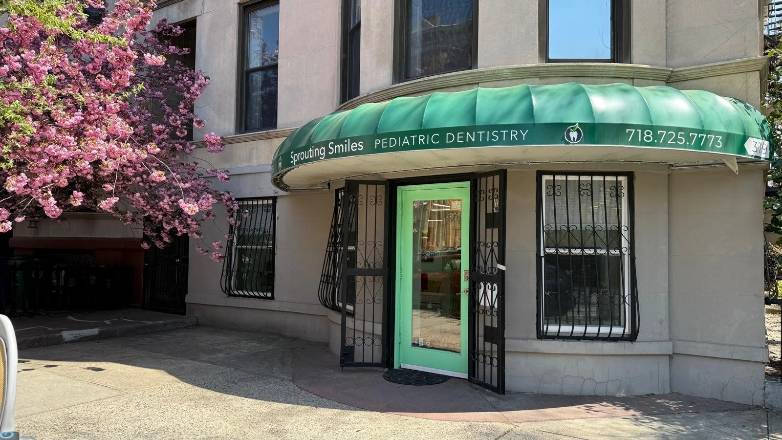 right side outdoor view of office picturing front door, green awning with office name, logo, and phone number, door gates open on either side of door, beautiful, tree with blooming pink flowers to the left of the door.