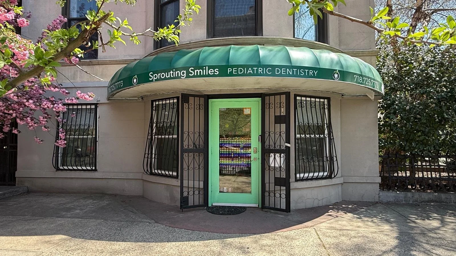 Direct outdoor view of office picturing front door, green awning with office name, logo, and phone number, door gates open on either side of door, beautiful, tree with blooming pink flowers to the left of the door.