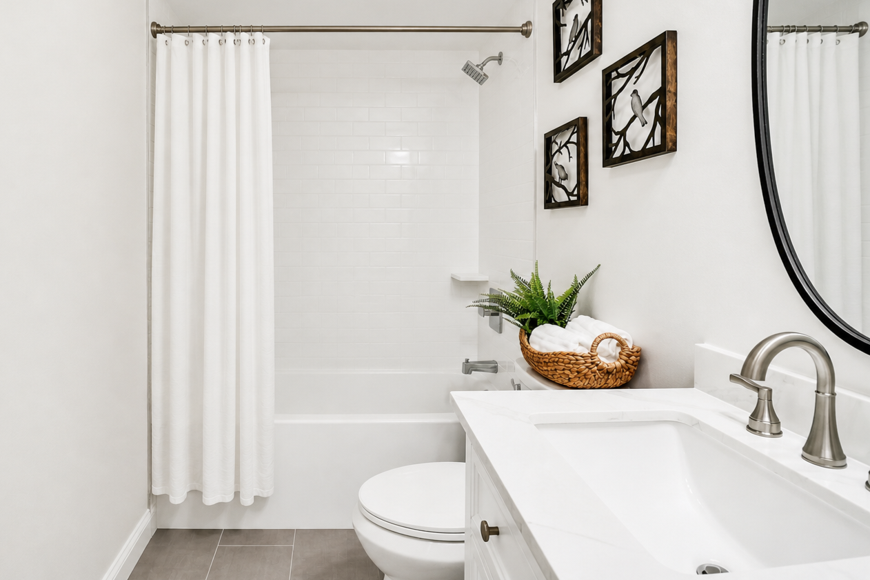 Replaced flooring, tile, vanity, toilet, tub.