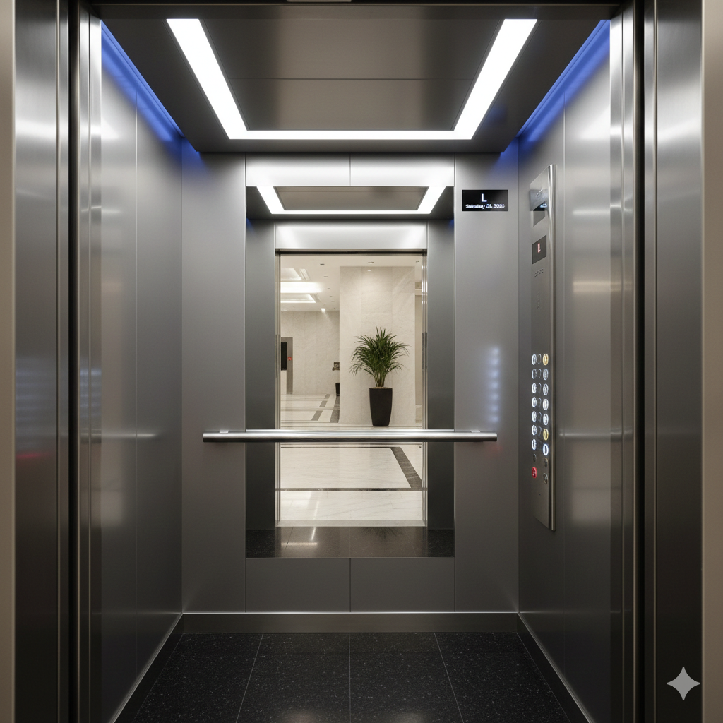 Interior view of an elevator with stainless steel walls, ceiling lighting, and a control panel. The elevator doors are open, revealing a lobby with a potted plant and tiled flooring.