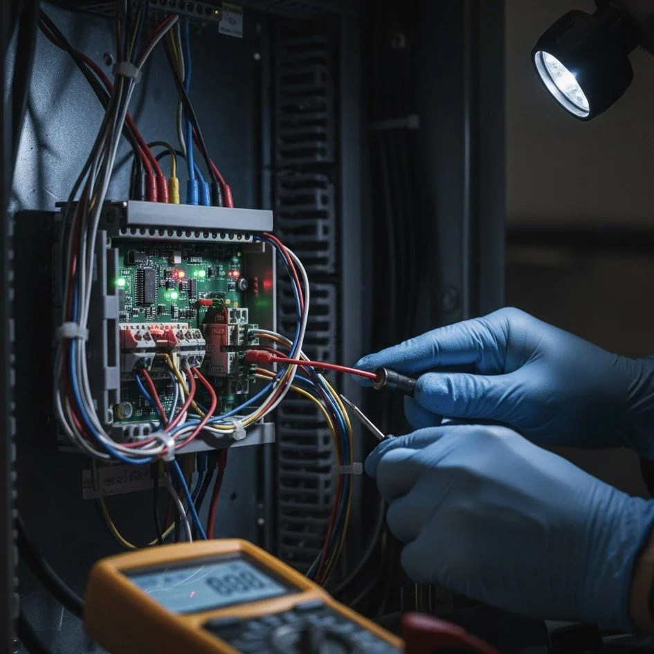 Technician in gloves testing electrical circuit inside a control panel with a multimeter