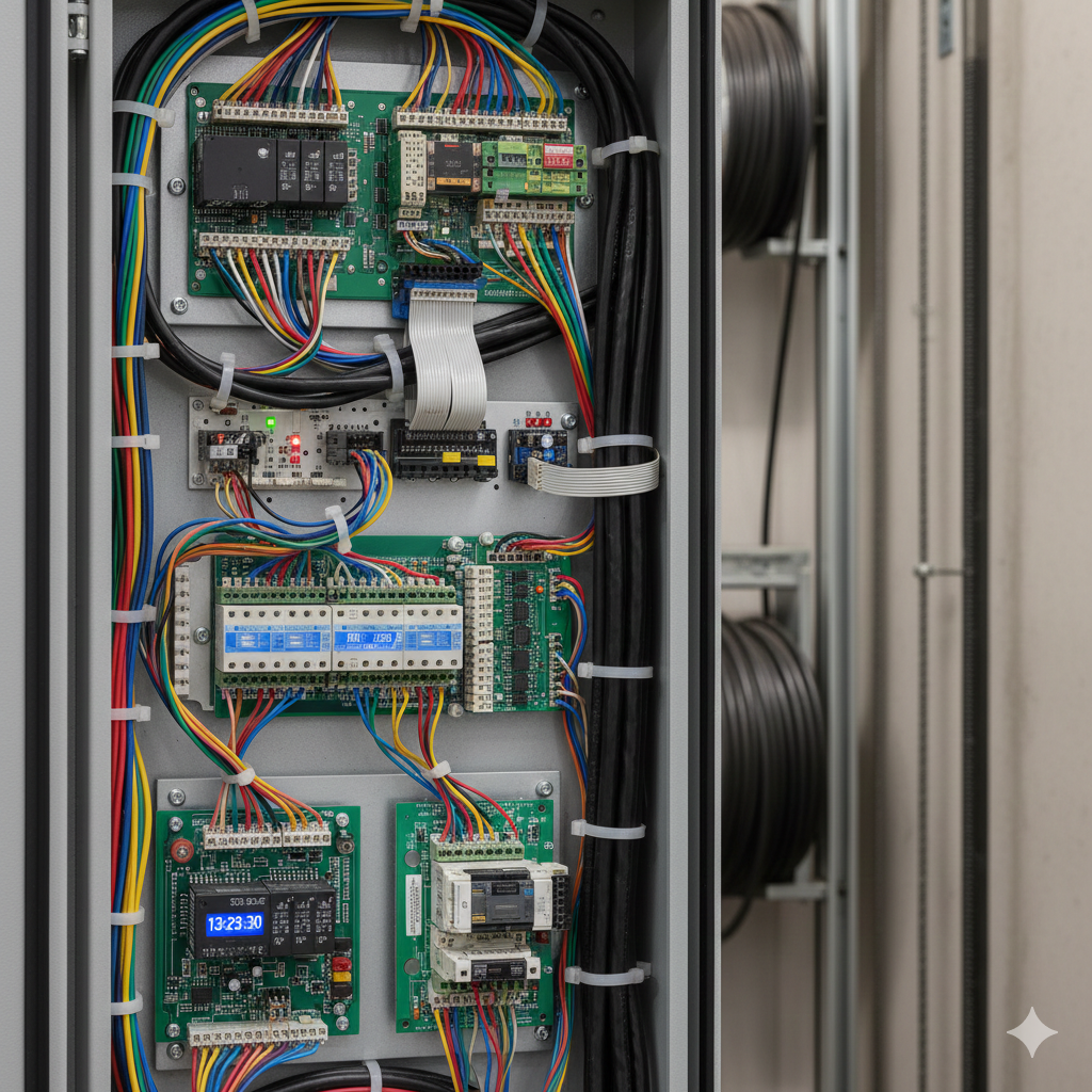 Electrical control panel with various circuit boards, wires, and relays inside a metal enclosure.