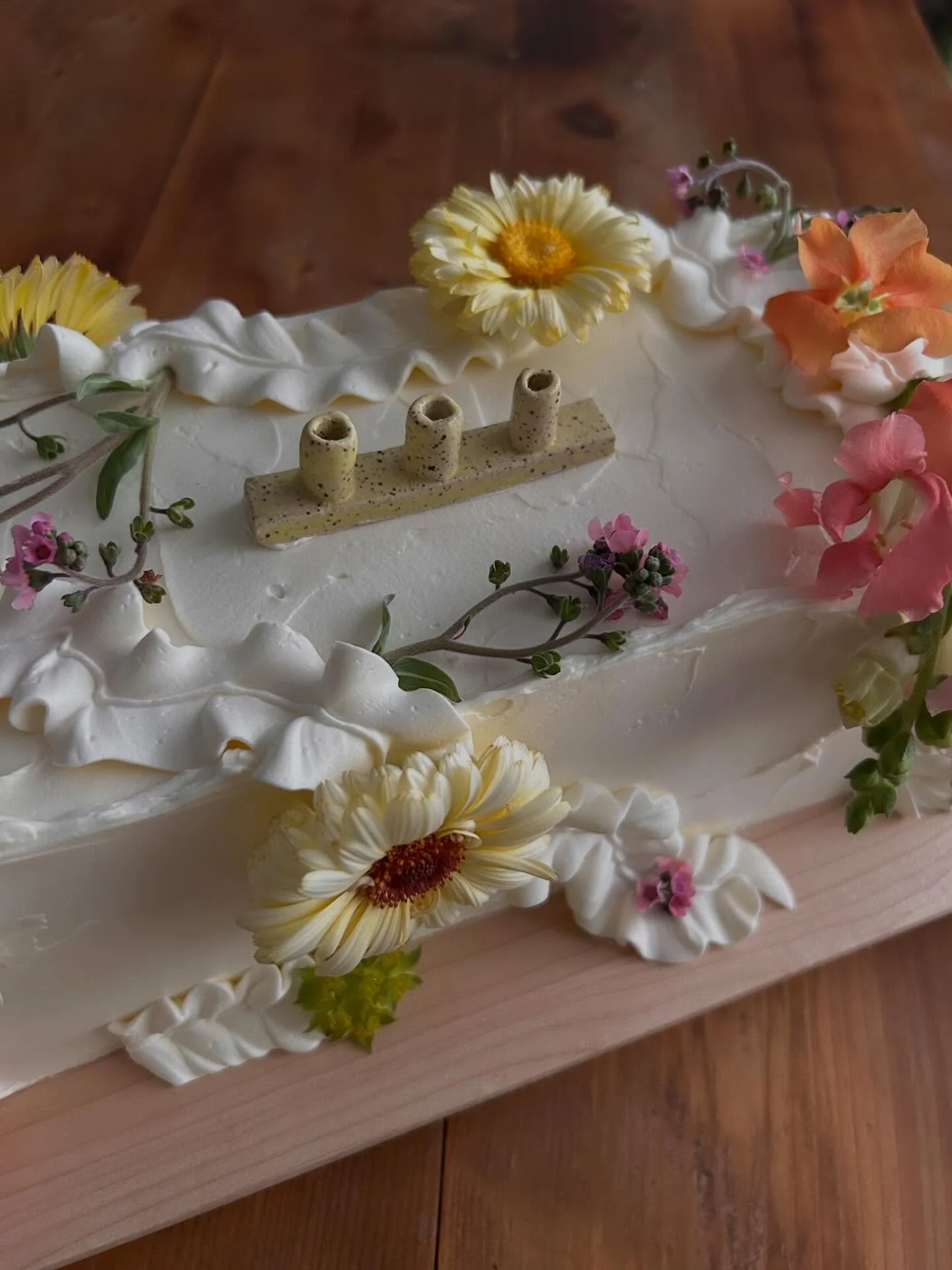 This cake encapsulates everything I&rsquo;m excited about making right now. I really love rectangular cake formats (like so much). I really love making my little ceramic doo-dad&rsquo;s at my Clay Monday group. I love that my pal Mike is making beaut